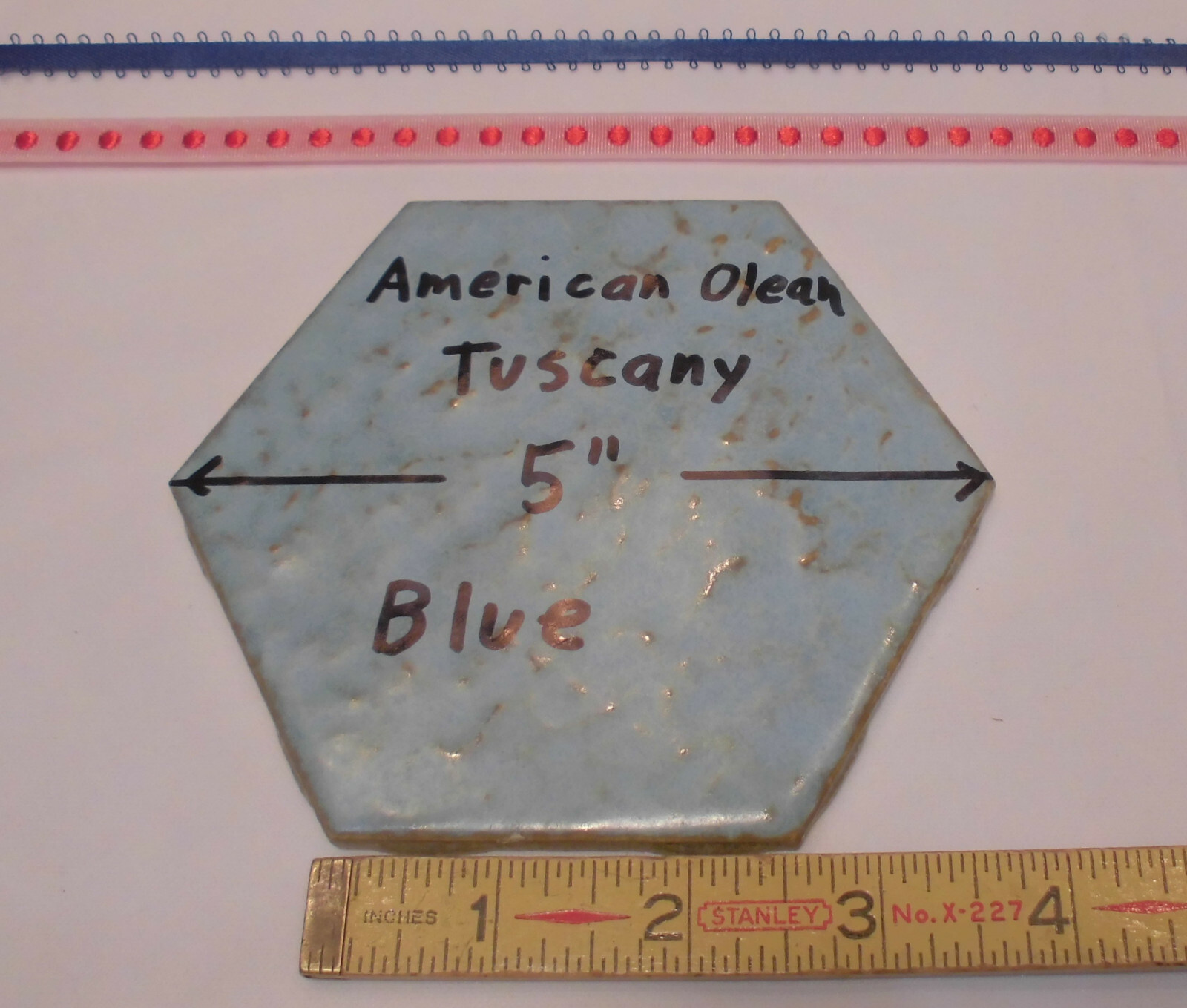 1 pc. *Blue Hexagon* Ceramic 5″ Tiles: Tuscany Glaze by American Olean 4-3/8″