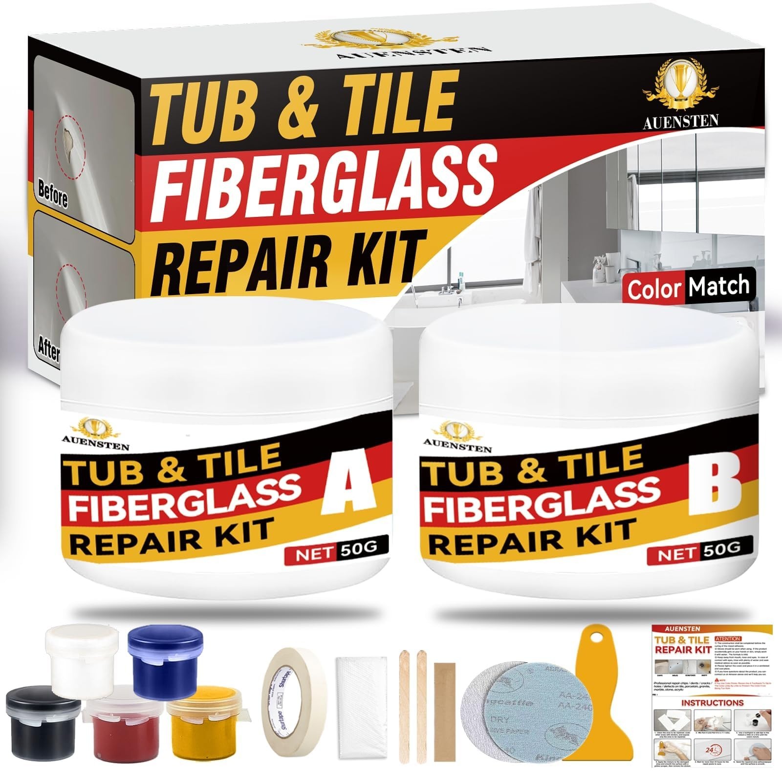 Bathtub Repair Kit – Fix Chips, Dents & Cracks in Fiberglass, Porcelain, Acrylic