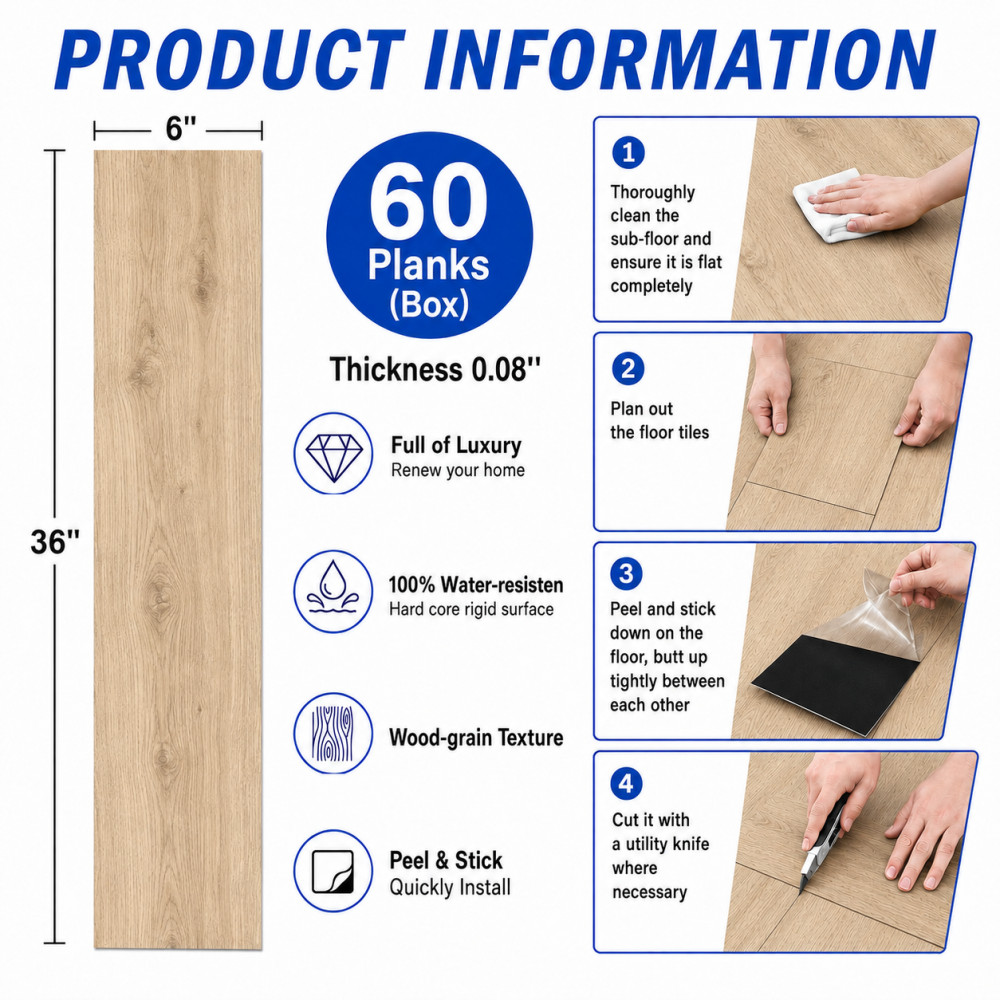 60-Pack Vinyl Floor Tile Peel & Stick 36×6″ 90 Sq Ft, Waterproof Flooring, Brown
