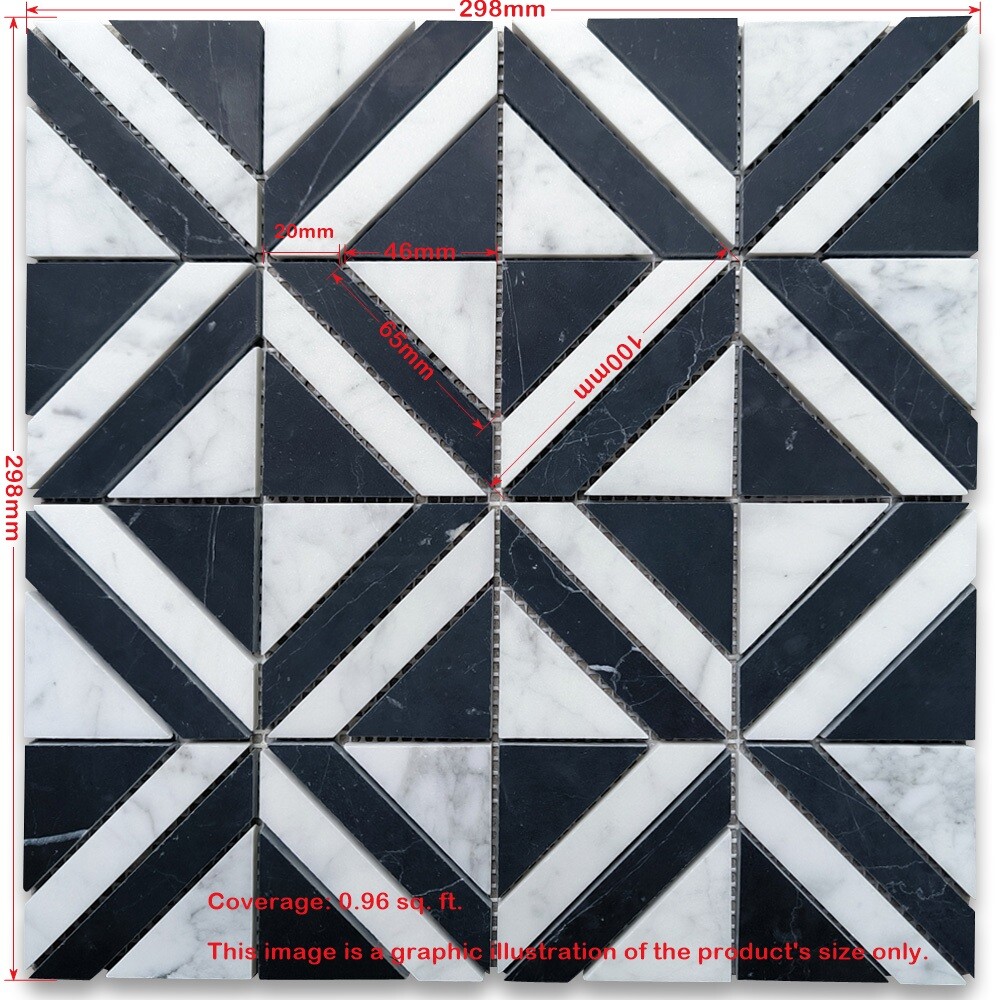 C85E1XH Carrara White Marble Striped Square Maze Mosaic Tile Marquina Black