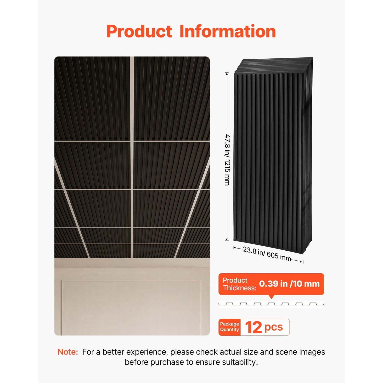 24 x 48 in PVC Ceiling Tiles 12 – Pack 3D Black Linear Slat Panels, Smooth PVC