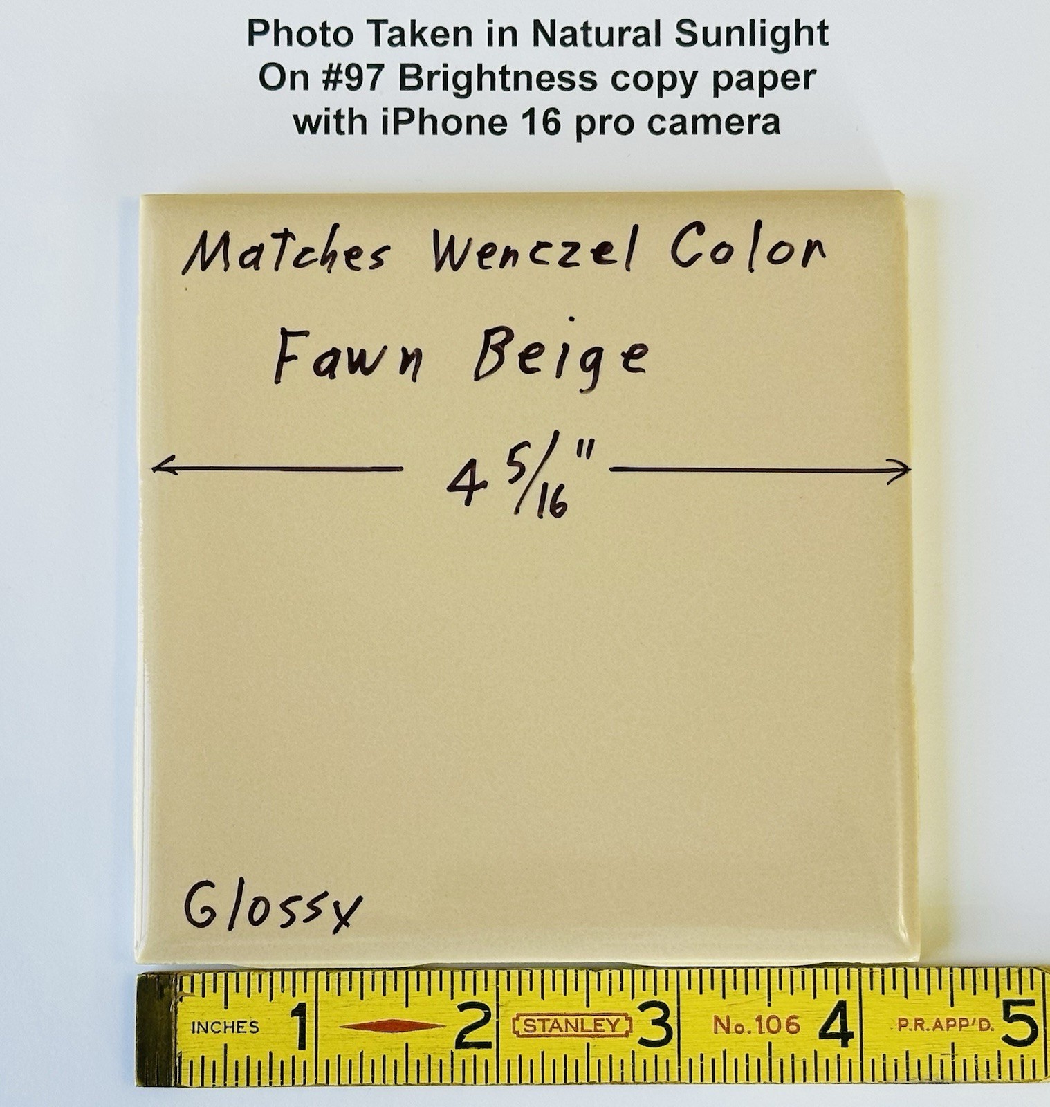 1 pc. Fawn Beige: 4-5/16″ Glossy Ceramic Tile, matches Wenczel Color #223, NOS