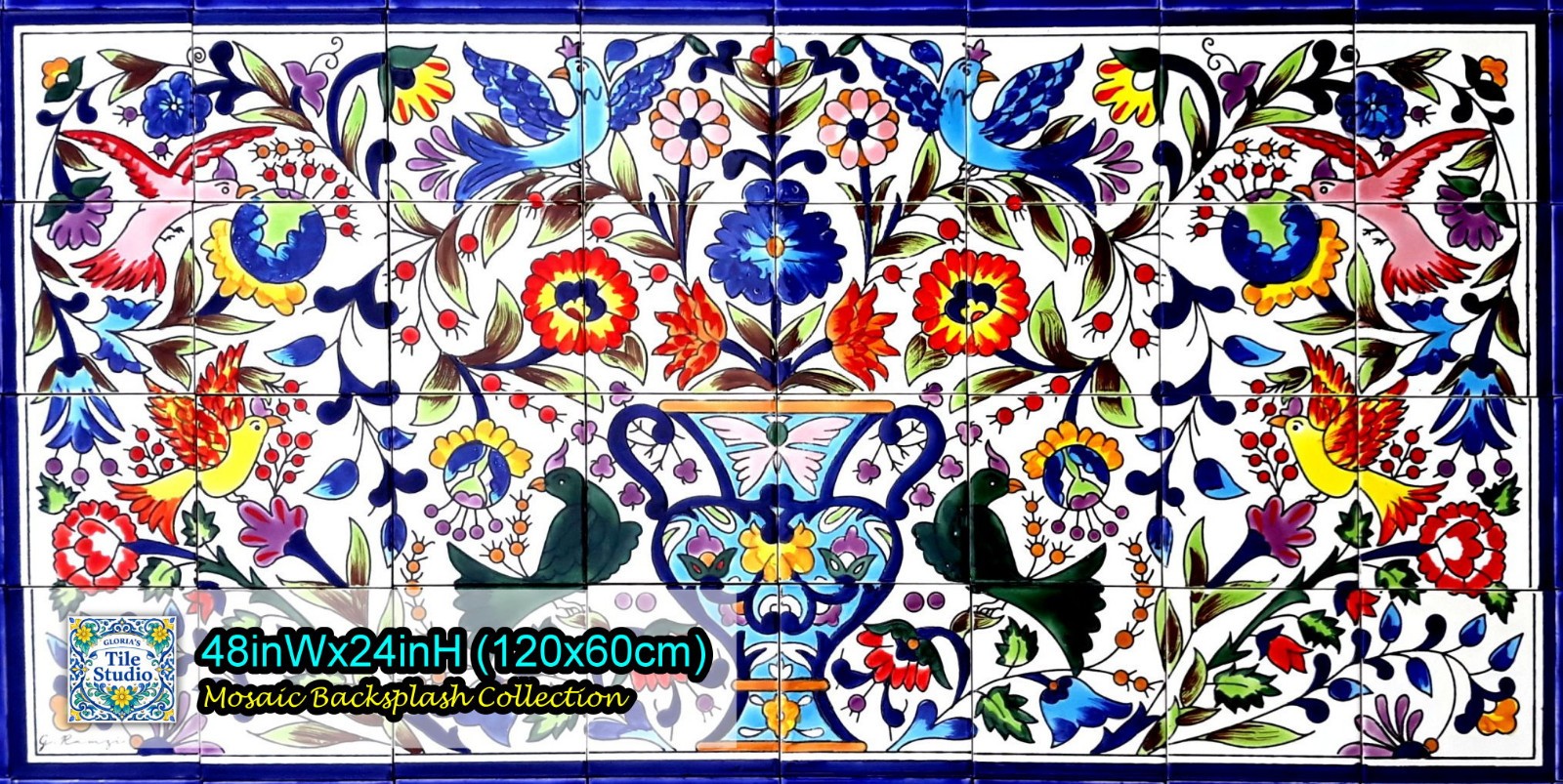 24inx48in Floral Garden Design Mosaic Backsplash, Ceramic Tiles Wall Mural