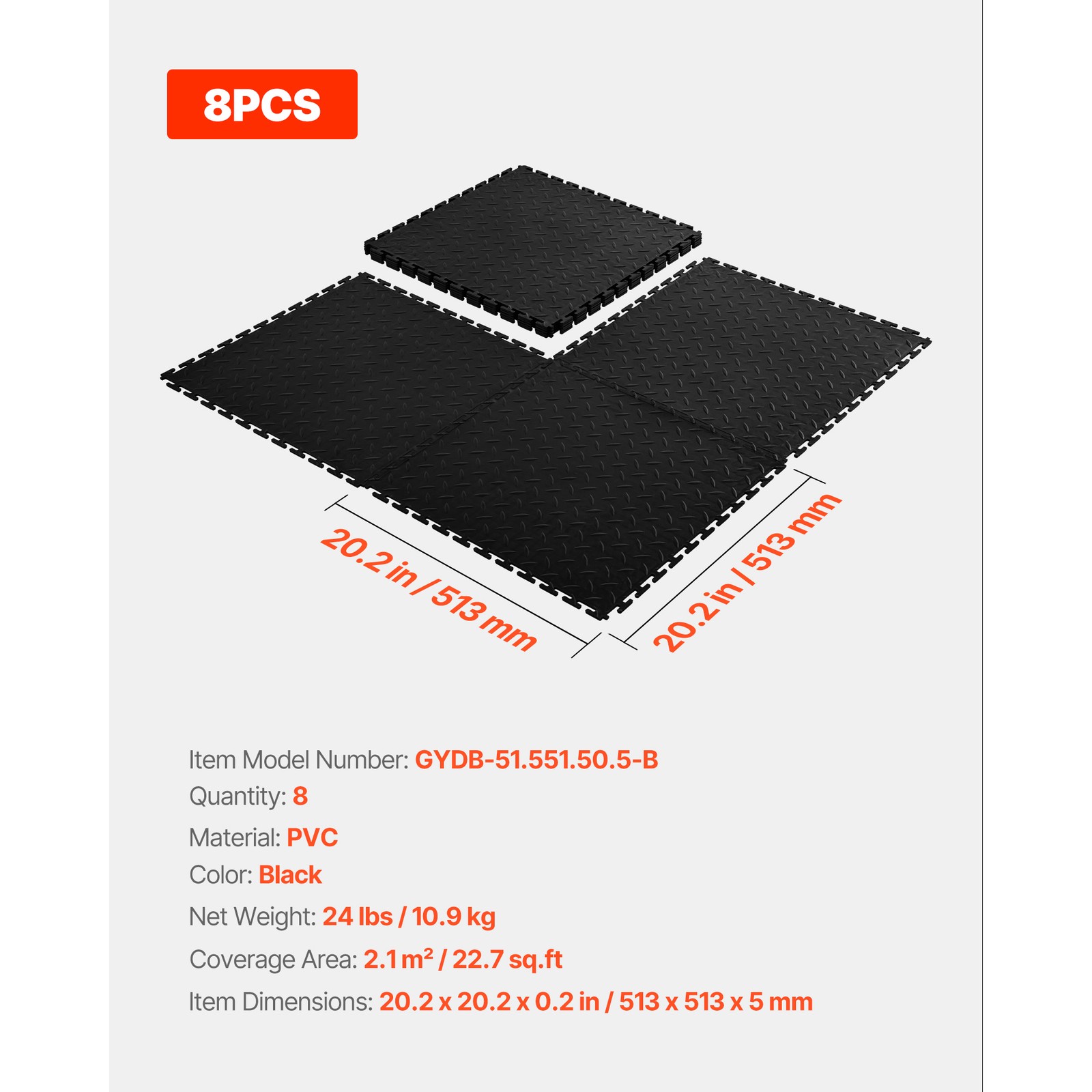 Uimoso Interlocking Garage Floor Tiles, 8 Pack, 20.2×20.2×0.2 in, Black PVC