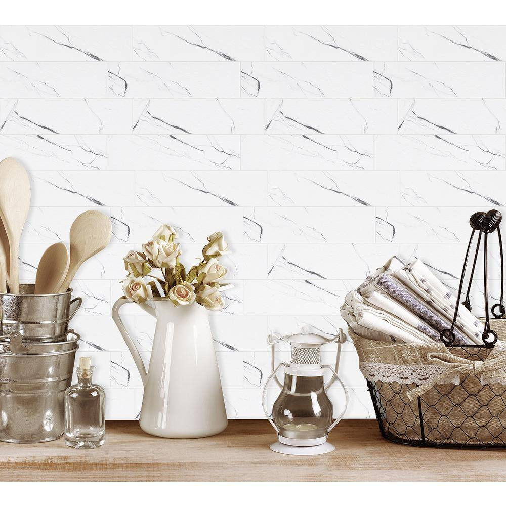 White Marbled Stone 10.83 In. X 11.81 In. SPC Peel and Stick Backsplash Tile (0.