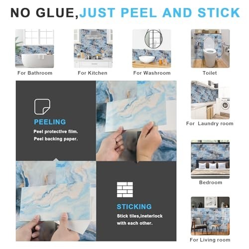 URCOLOR 64-Piece Peel and Stick Blue Marble Subway Wall Tile Backsplash