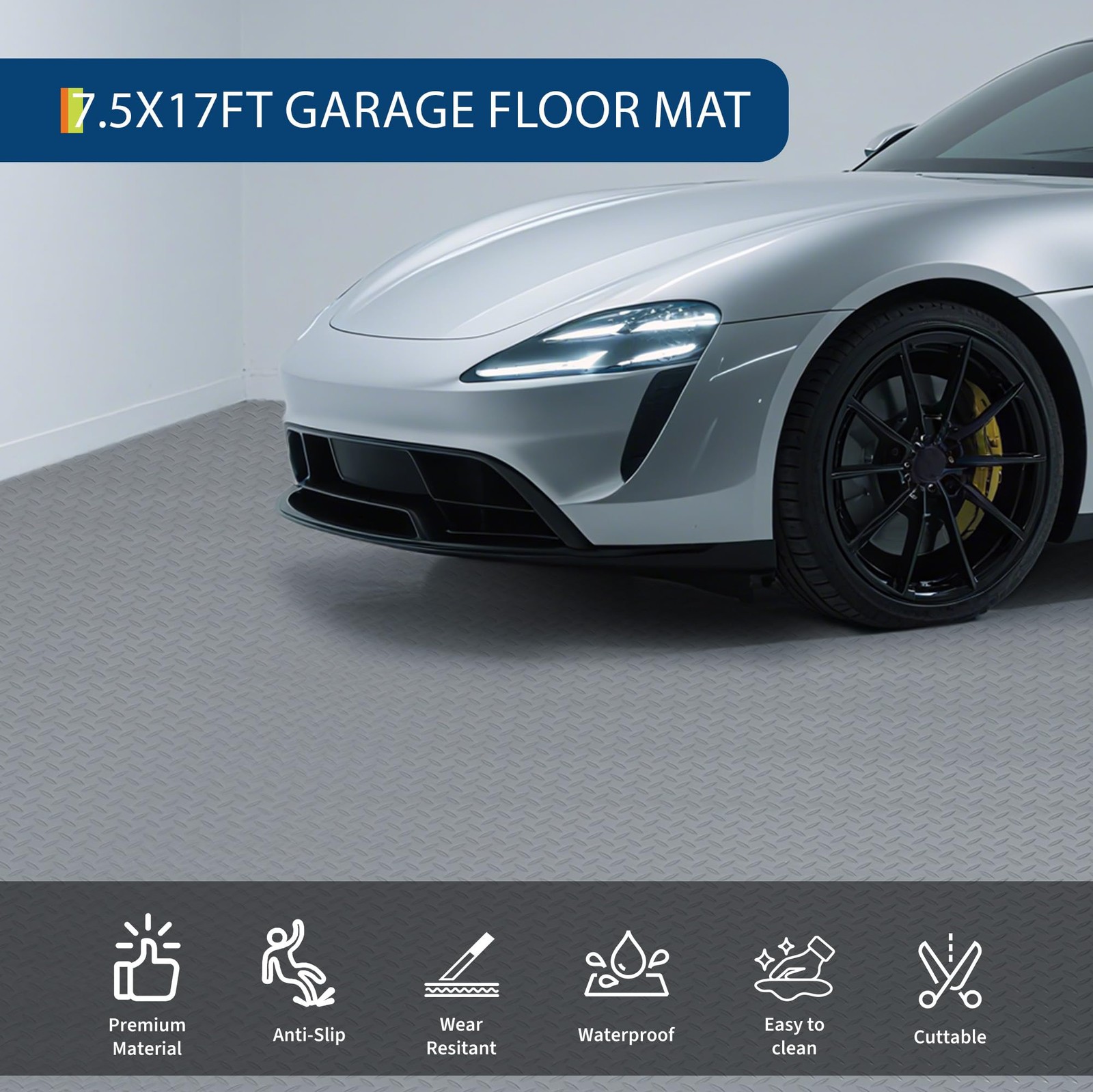 7.5×17 FT Garage Floor Mat, 2mm Thickened PVC Non-Slip Garage Roll Diamond Plate