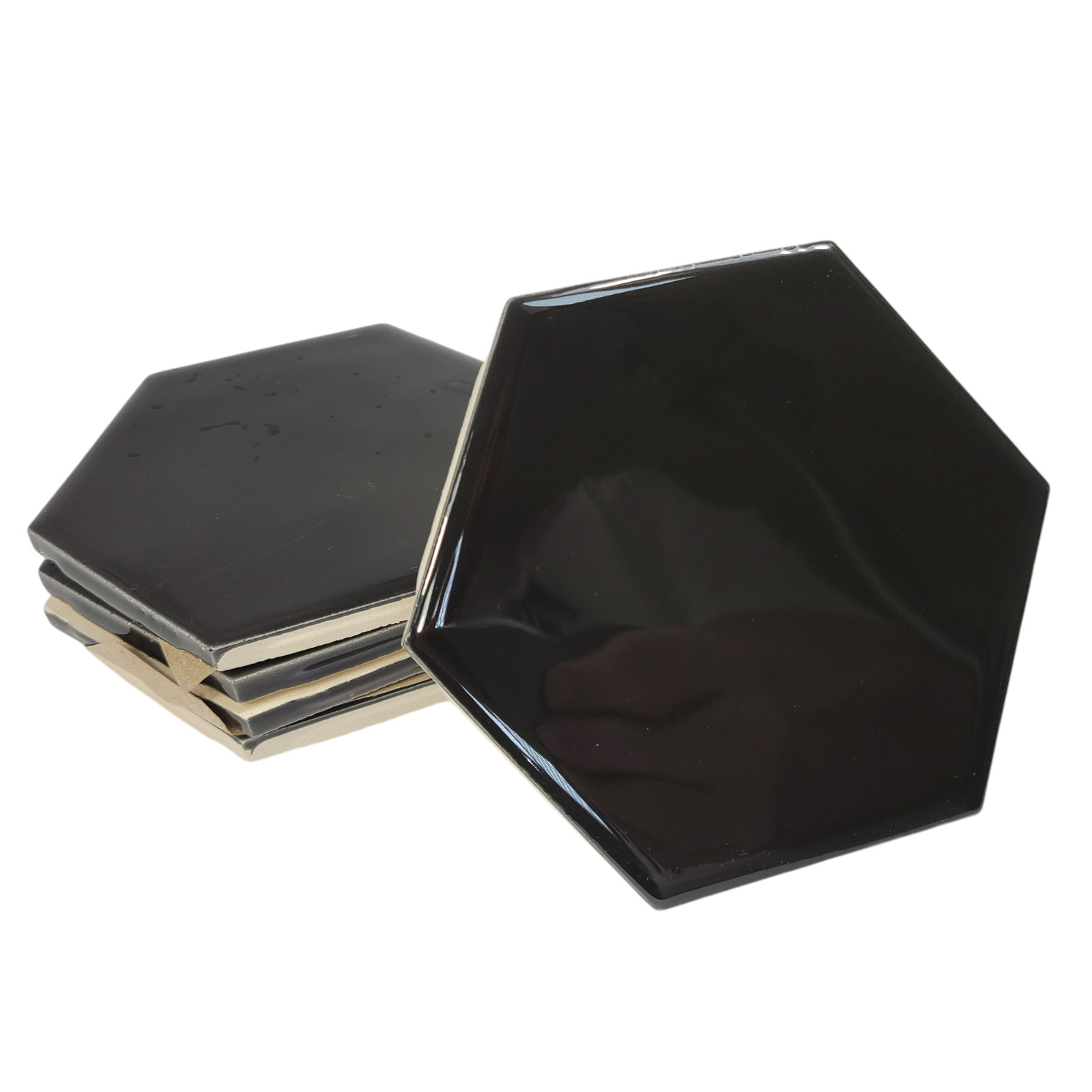 Black Ceramic Tile Hexagon Subway Vintage Mid Century Modern Rippled Beehive
