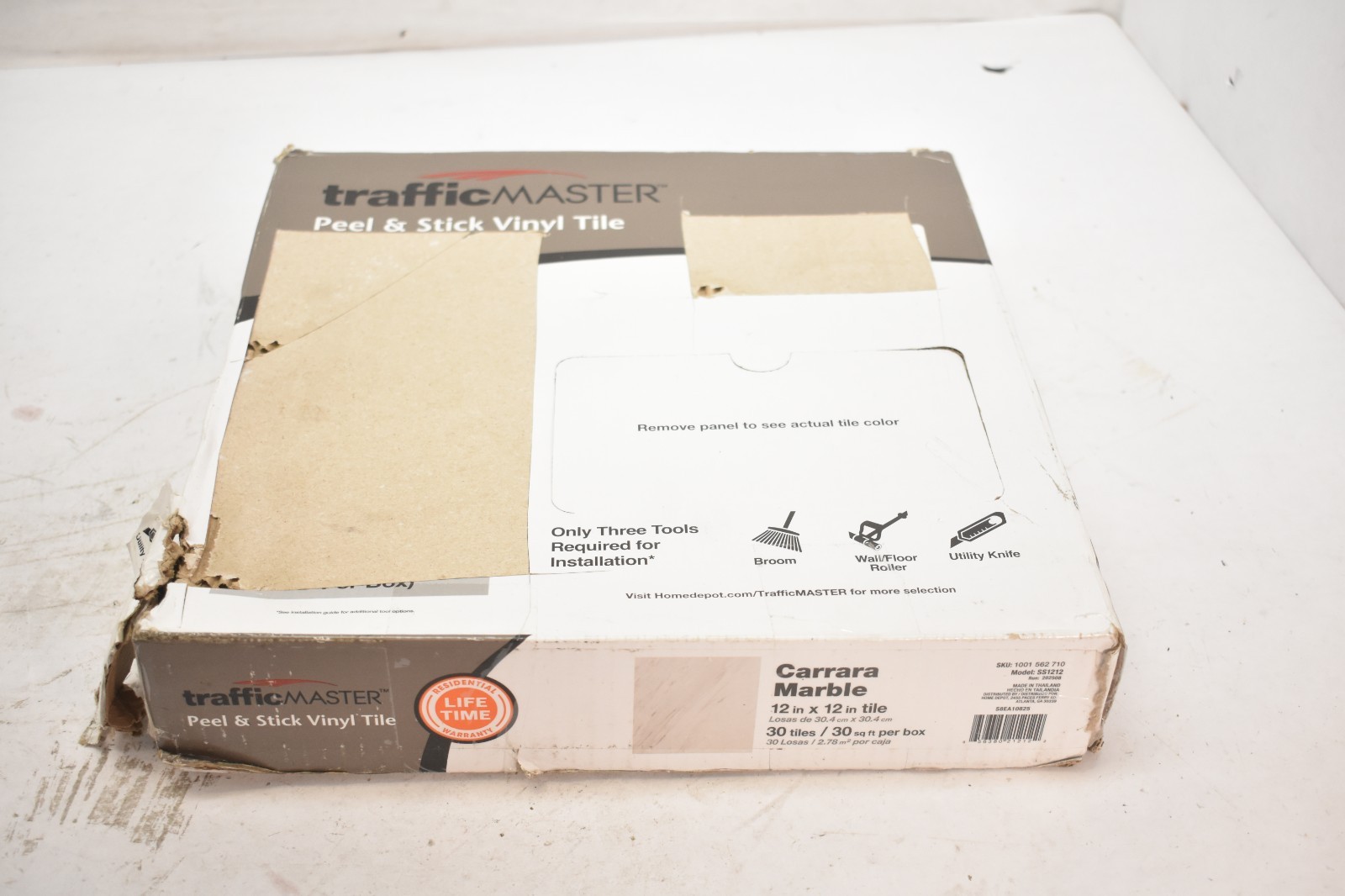 Trafficmaster Peel & Stick Tiles 30 Pack Carrara Marble 12″ x 12″ Vinyl White