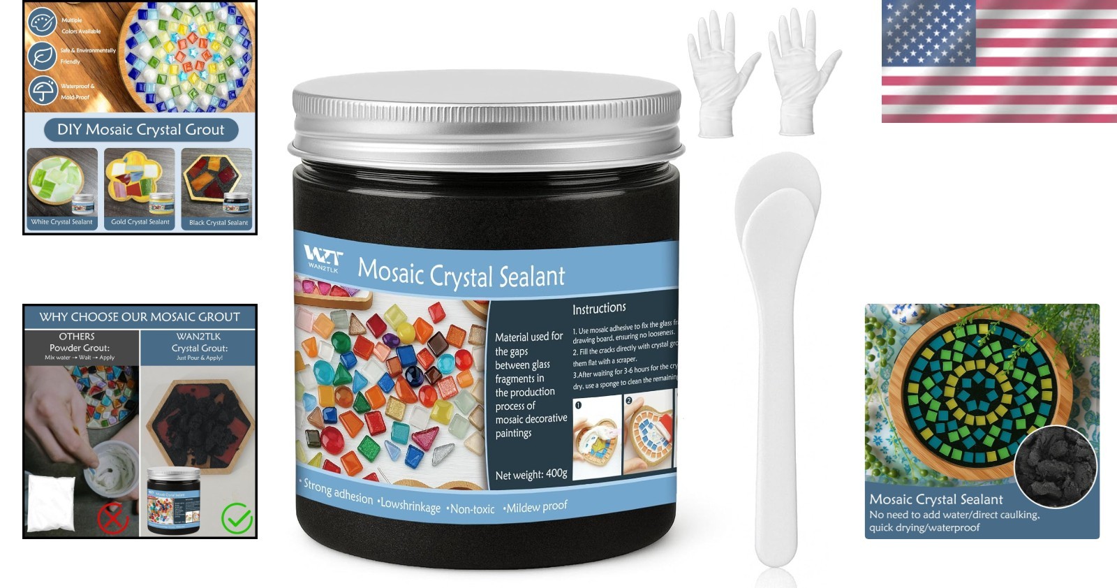 Mosaic Crystal Grout 400g Waterproof Unpolished Black for Tiles & Surfaces