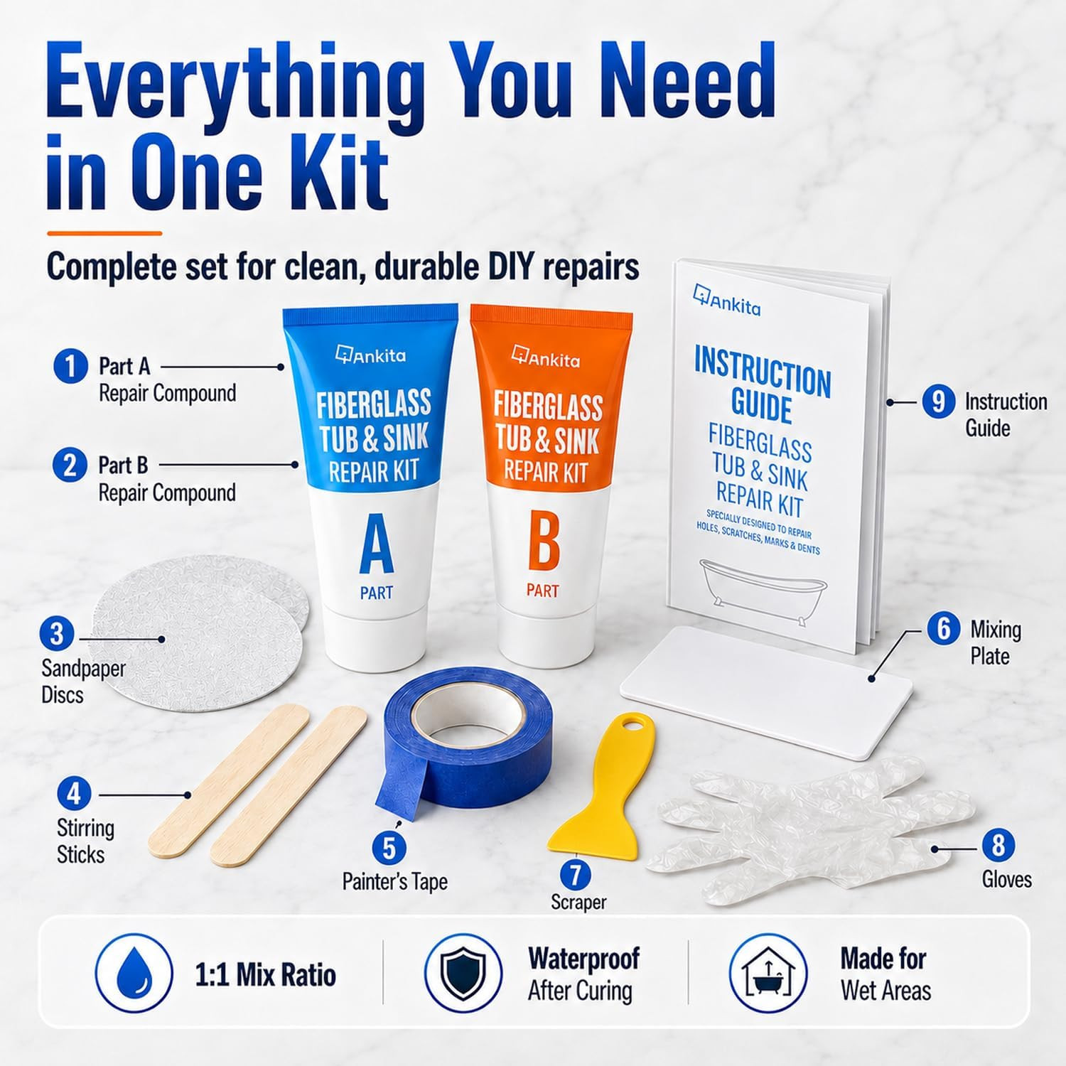 Tub Repair Kit White, Tub Chip and Bathtub Repair Kit for Enamel, Fiberglass, Ac