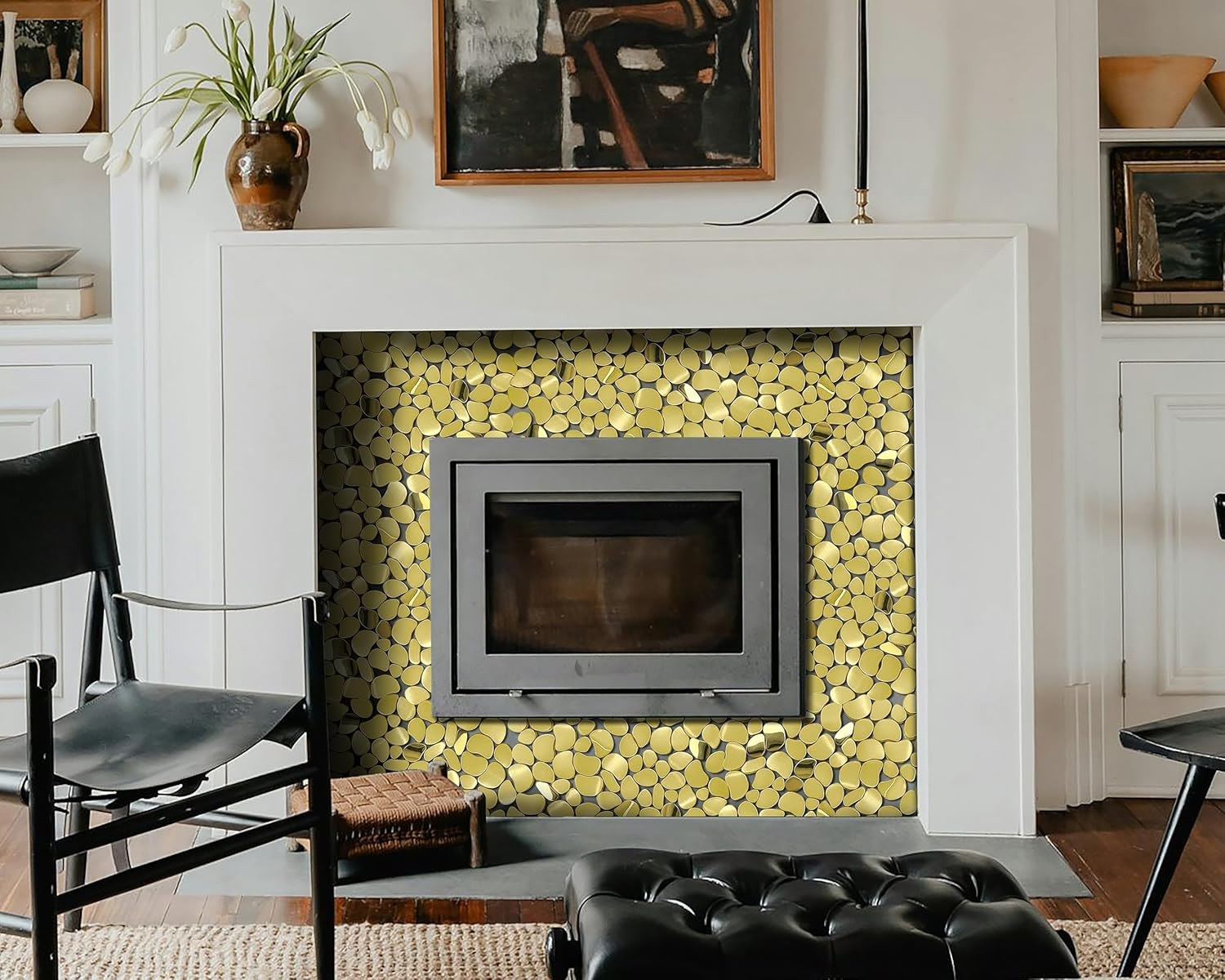 Golden Metal Pebble Mosaic Tiles, 5 Sheets Stainless Steel Backsplash Mesh Mount
