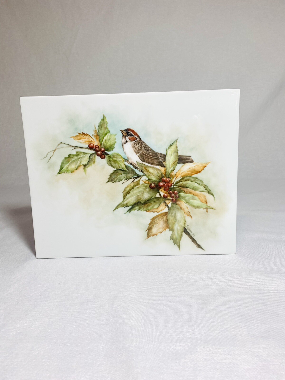 Sparrow on a Lingonberry Branch Art Border Backsplash Ceramic Craft Tile 8”x10”