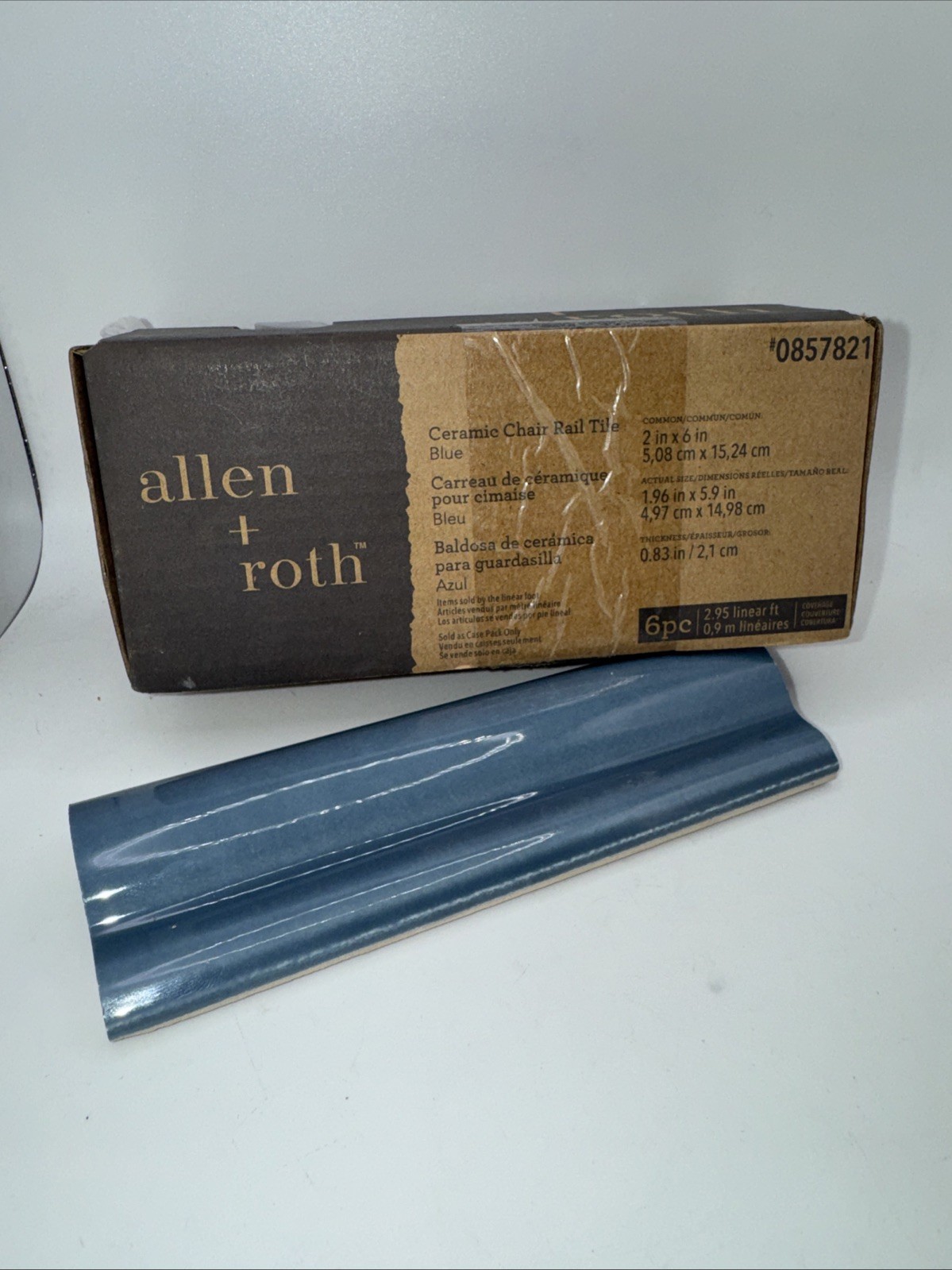 BOX of 6 Allen + Roth BLUE Glazed Glossy Ceramic Chair Rail Wall Tile 2″ x 6″