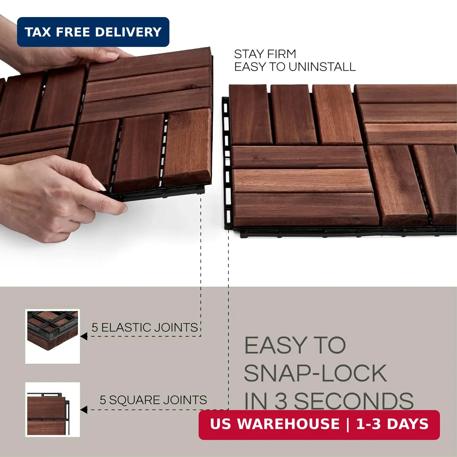 THYOI Premium Deck Tiles, Patio Flooring – Set 10 Pcs 12″x12″x0.9″ Interlocking