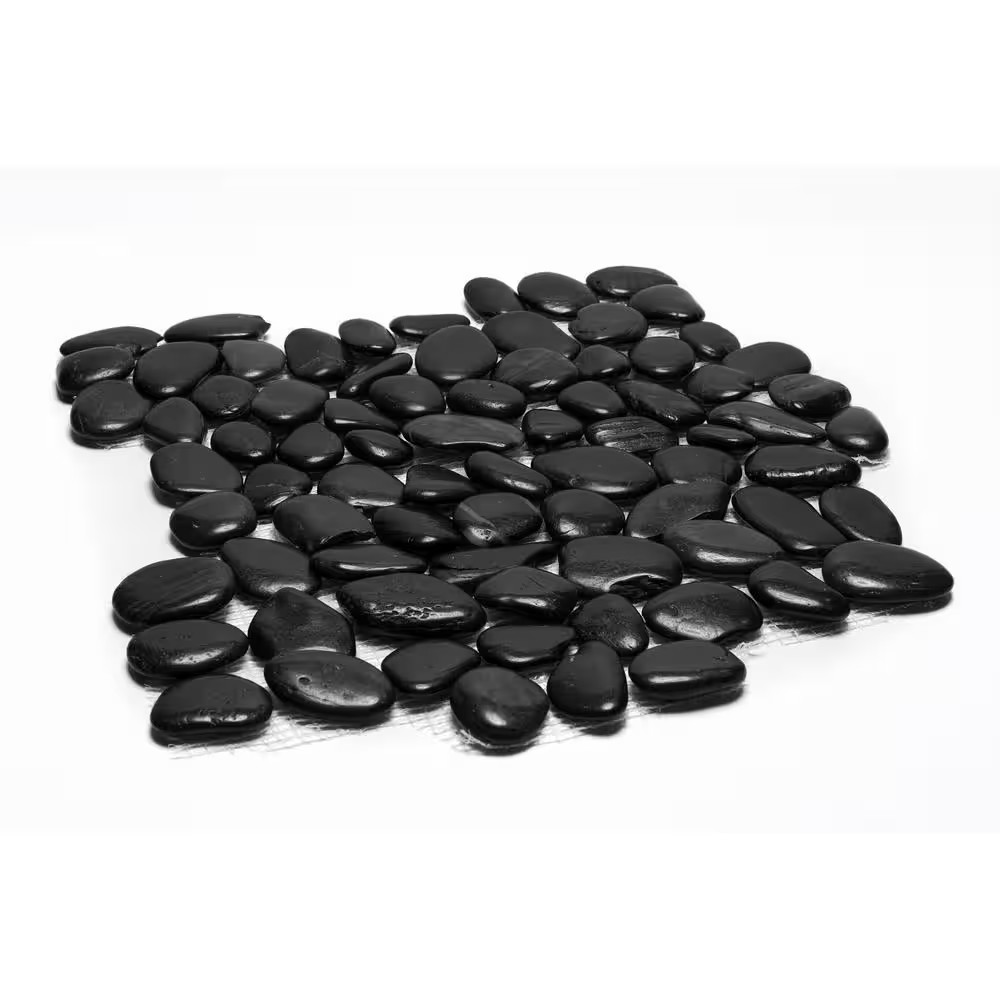 12 In. X 12 In. Black Mid-Polish Pebble Stone Floor and Wall Tile (5.0 Sq. Ft. /