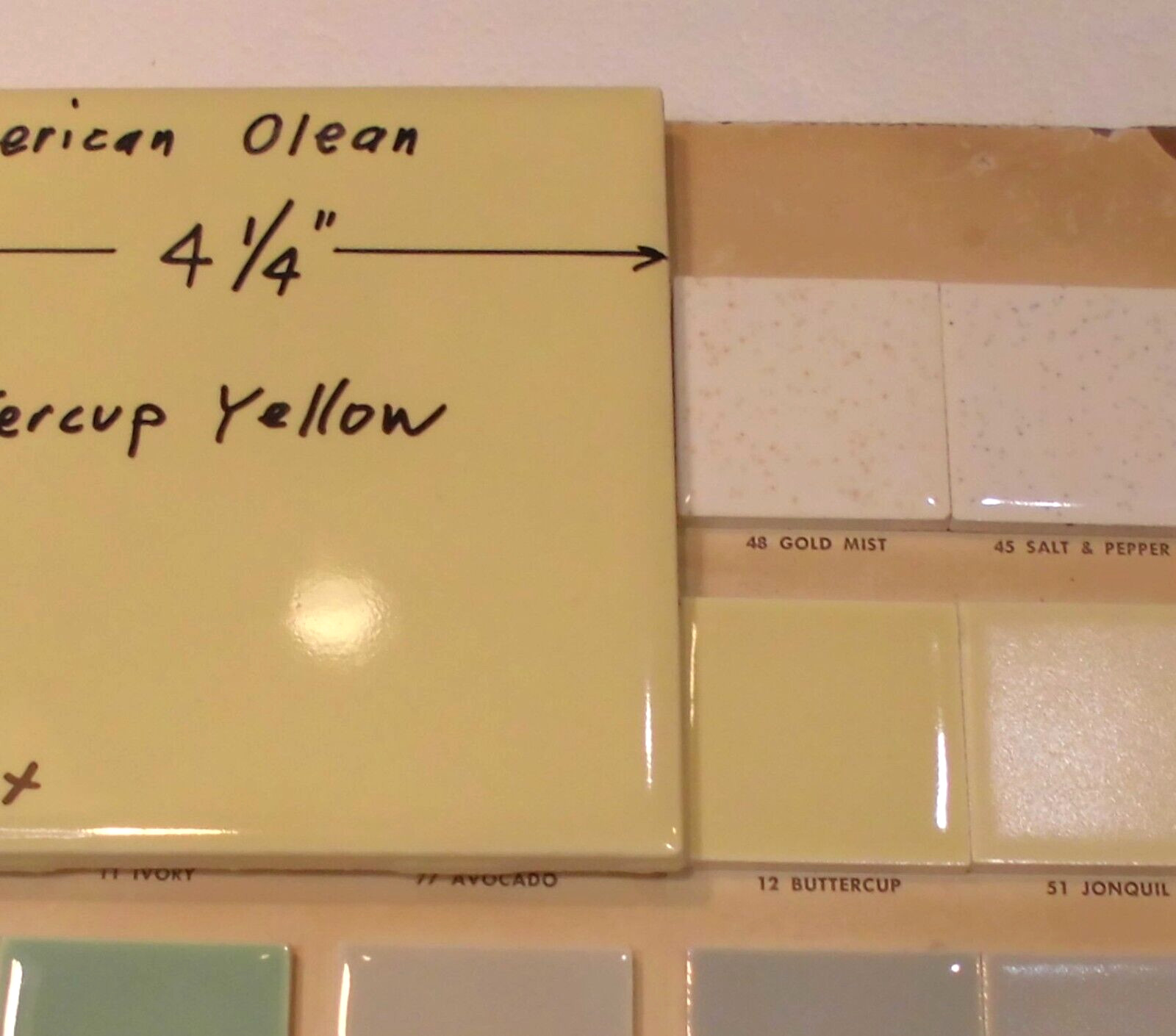 1 pc. Buttercup Yellow: 4-1/4″ Glossy Ceramic Tile by American Olean #12, NOS
