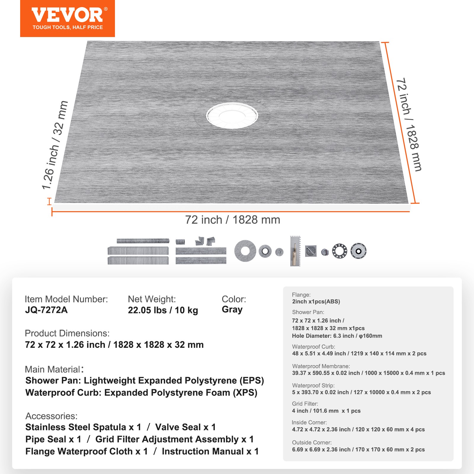 VEVOR Shower Curb Kit Shower Pan Kit 72×72″ w/ 2″ Central Flange ABS Waterproof