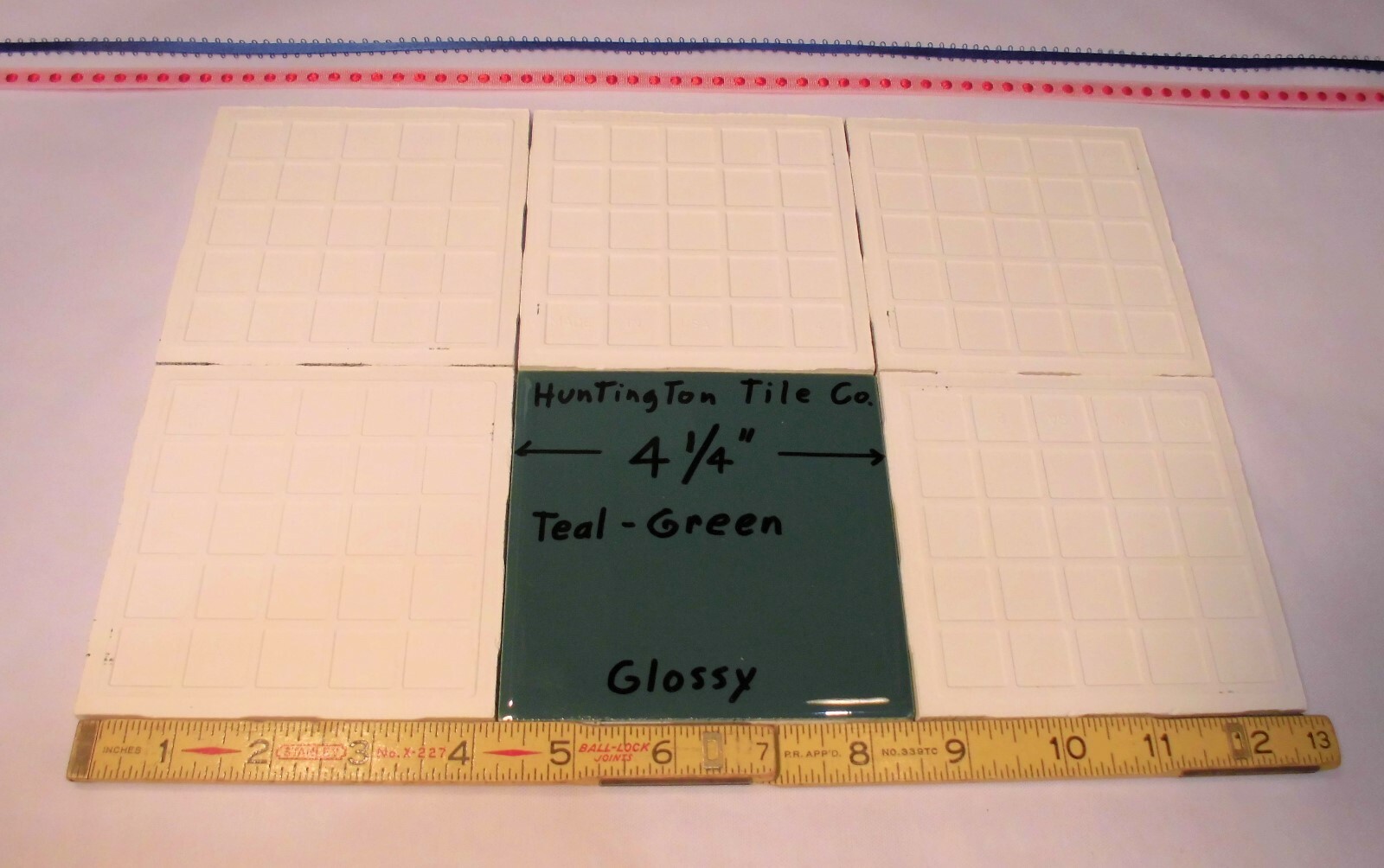 6 pcs. Glossy Ceramic Tiles *Teal-Green* 4-1/4″ Made USA by Huntington Co. NEW