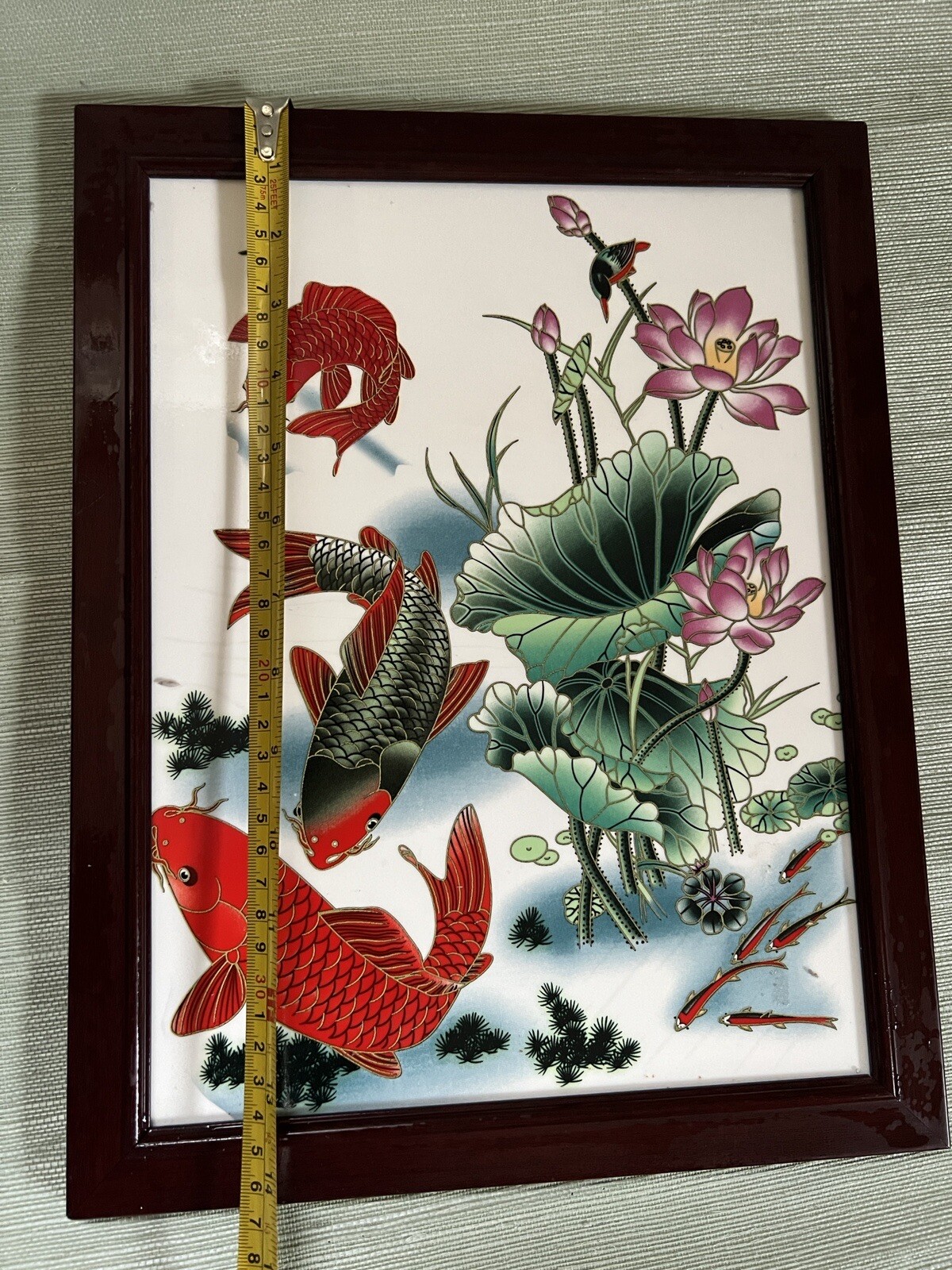 KOI Fish & Water Lily Flowers Asian Art Ceramic Tile Framed 11.5″ x 14.5″ VTG