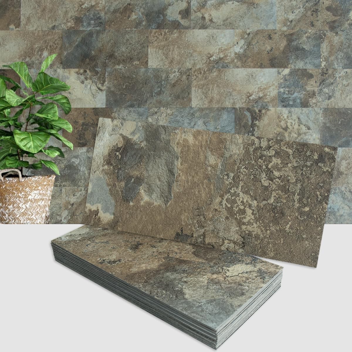 20-Piece Beige & Brown Slate Peel and Stick Backsplash Wall Tiles, 6″ x 12″ P…