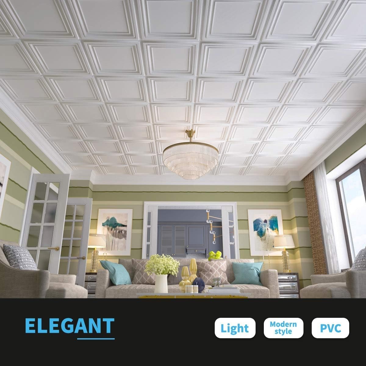 Stylish Water-Resistant PVC Ceiling Tiles 2’x2′ – 12 Pack for Modern Homes