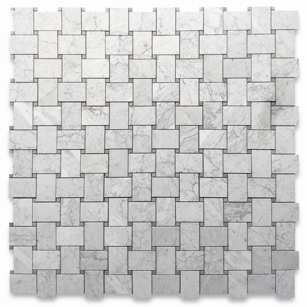 C663XH Carrara Marble Wide Basketweave Mosaic Tile Gray Dots Carrera Honed