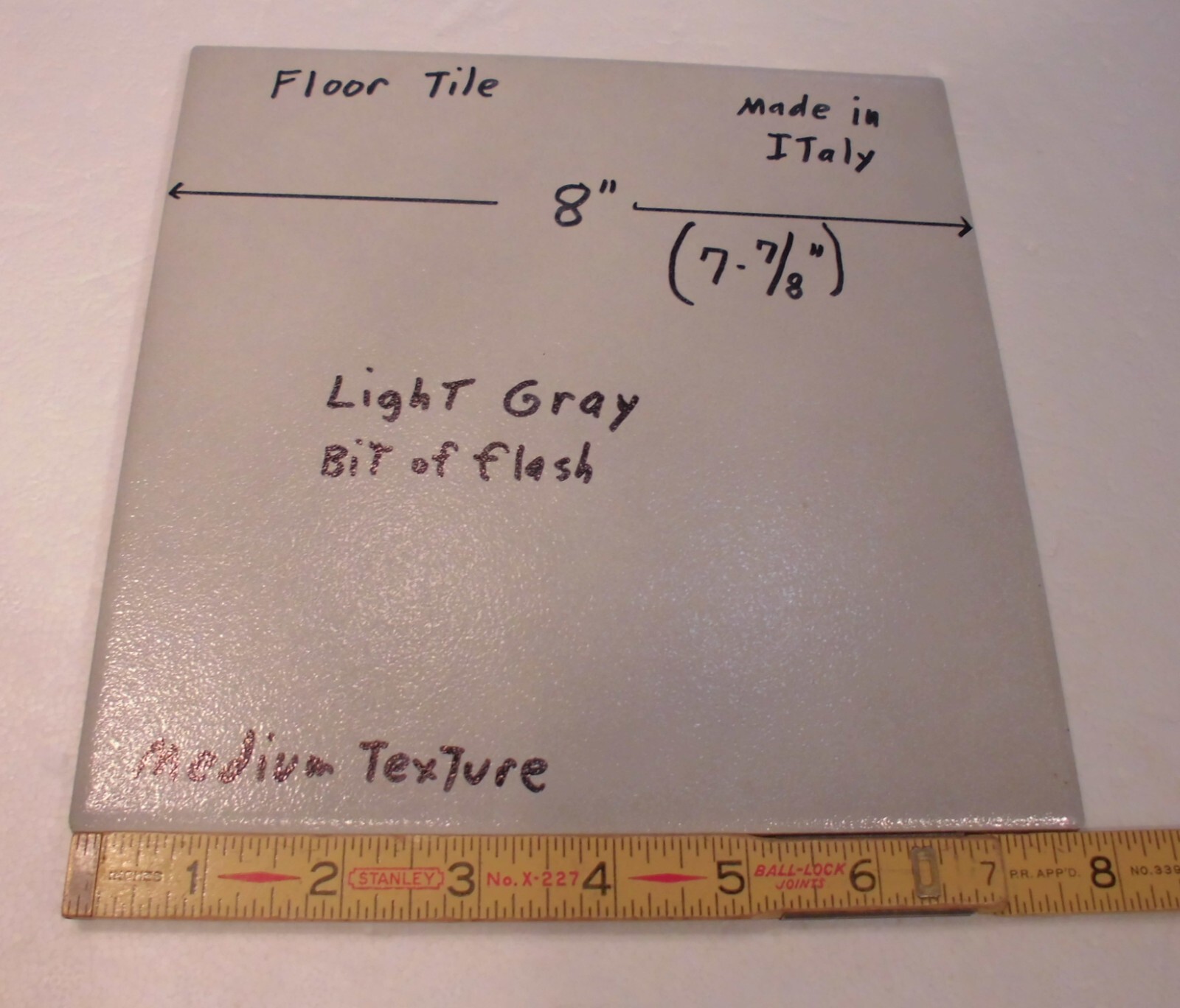 1 pc. “Light Gray” 7-7/8″ Ceramic Floor Tile: Medium Textured, Italian, flash