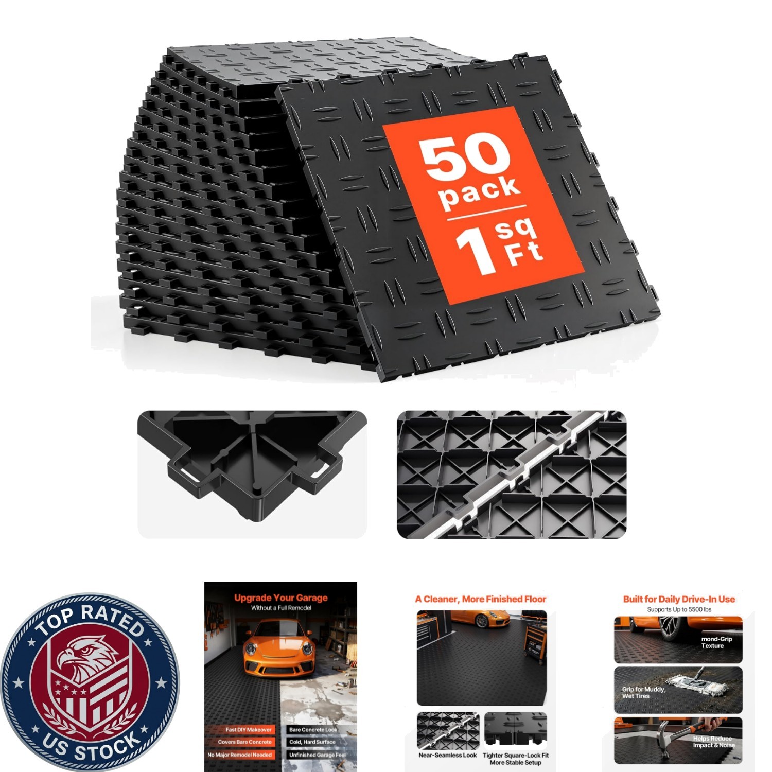 Versatile 12″x12″ Interlocking Floor Tiles for Garage & Repair Shop, 50 Pack