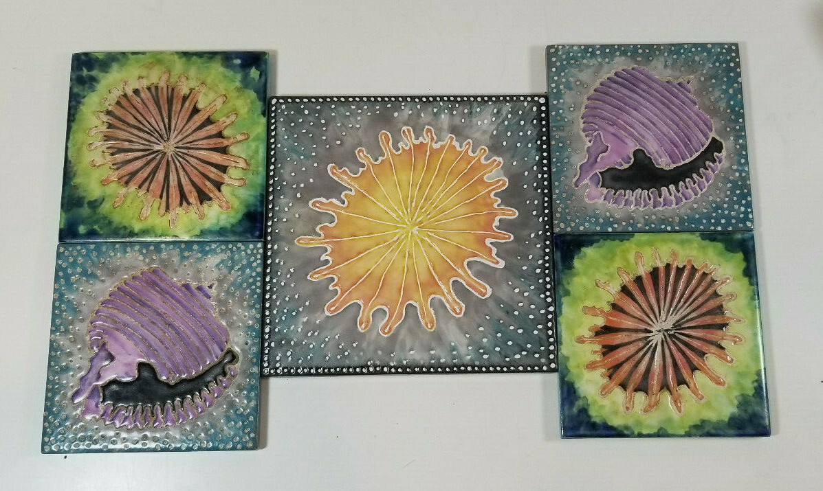 Hand Painted Ceramic Tiles Trivets Sea Shells Sea Life Set of Five Sumer Studio
