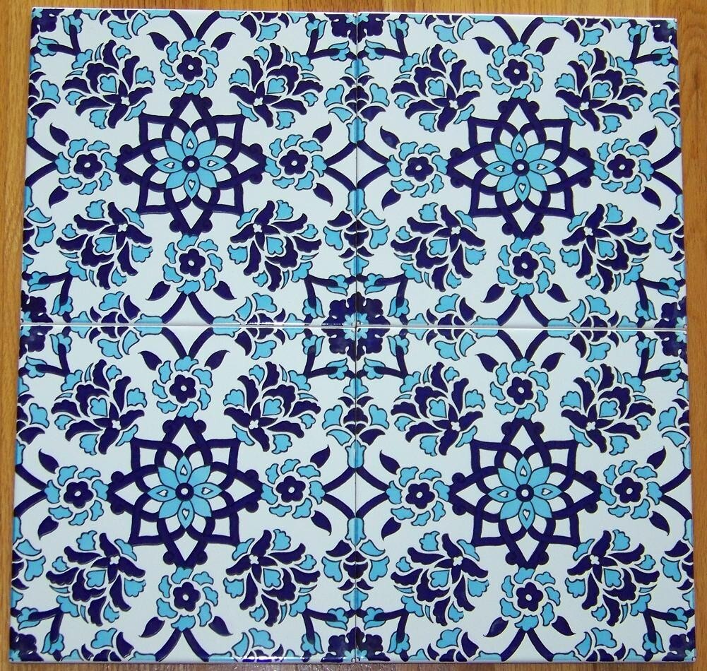 4 8″X8″ (40cm x 40cm) Turkish Iznik Blue Carnation & Floral Pattern Ceramic Tile