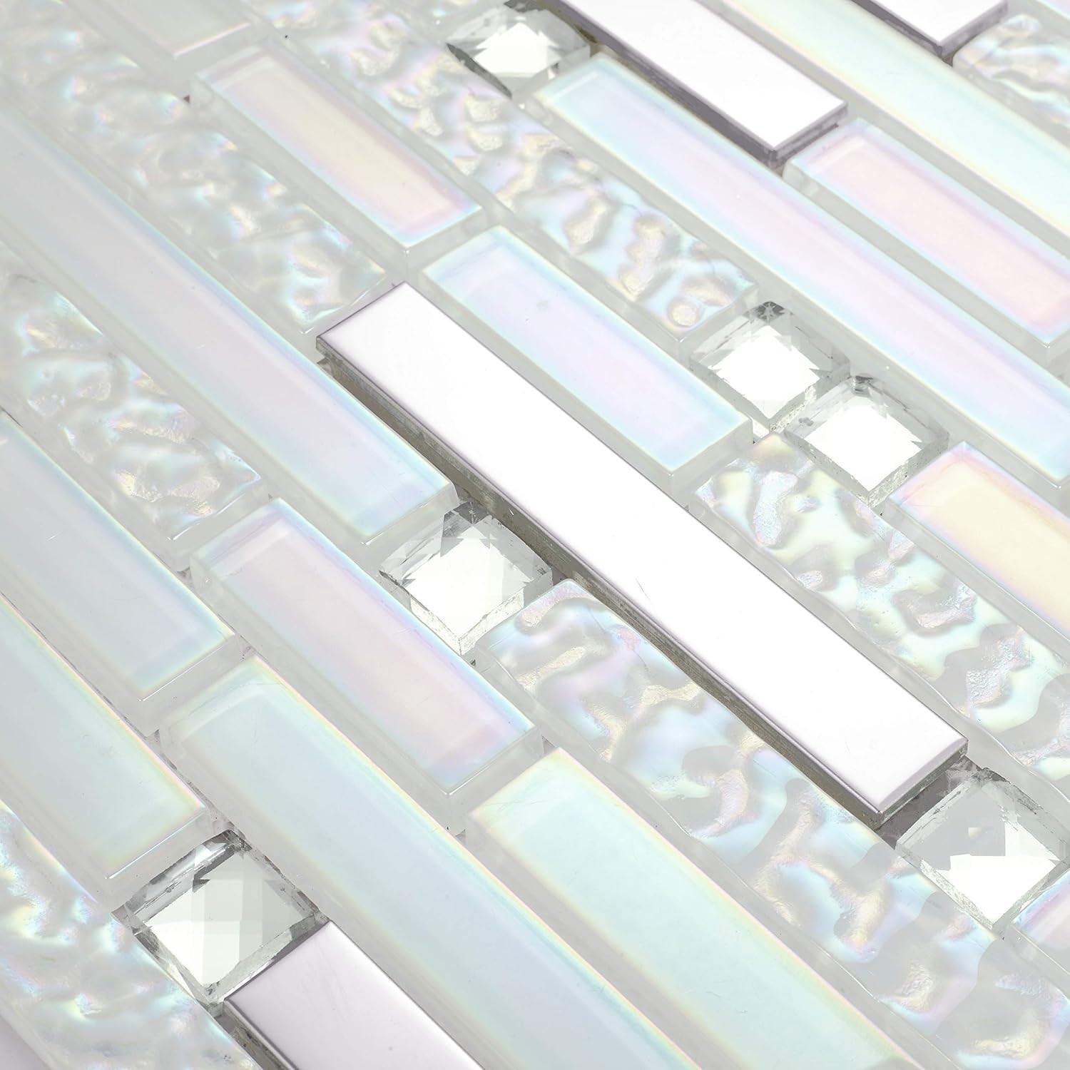 Glass Metal Tile Linear Mosaic Iridescent White Crystal Glass Chrome Metallic In