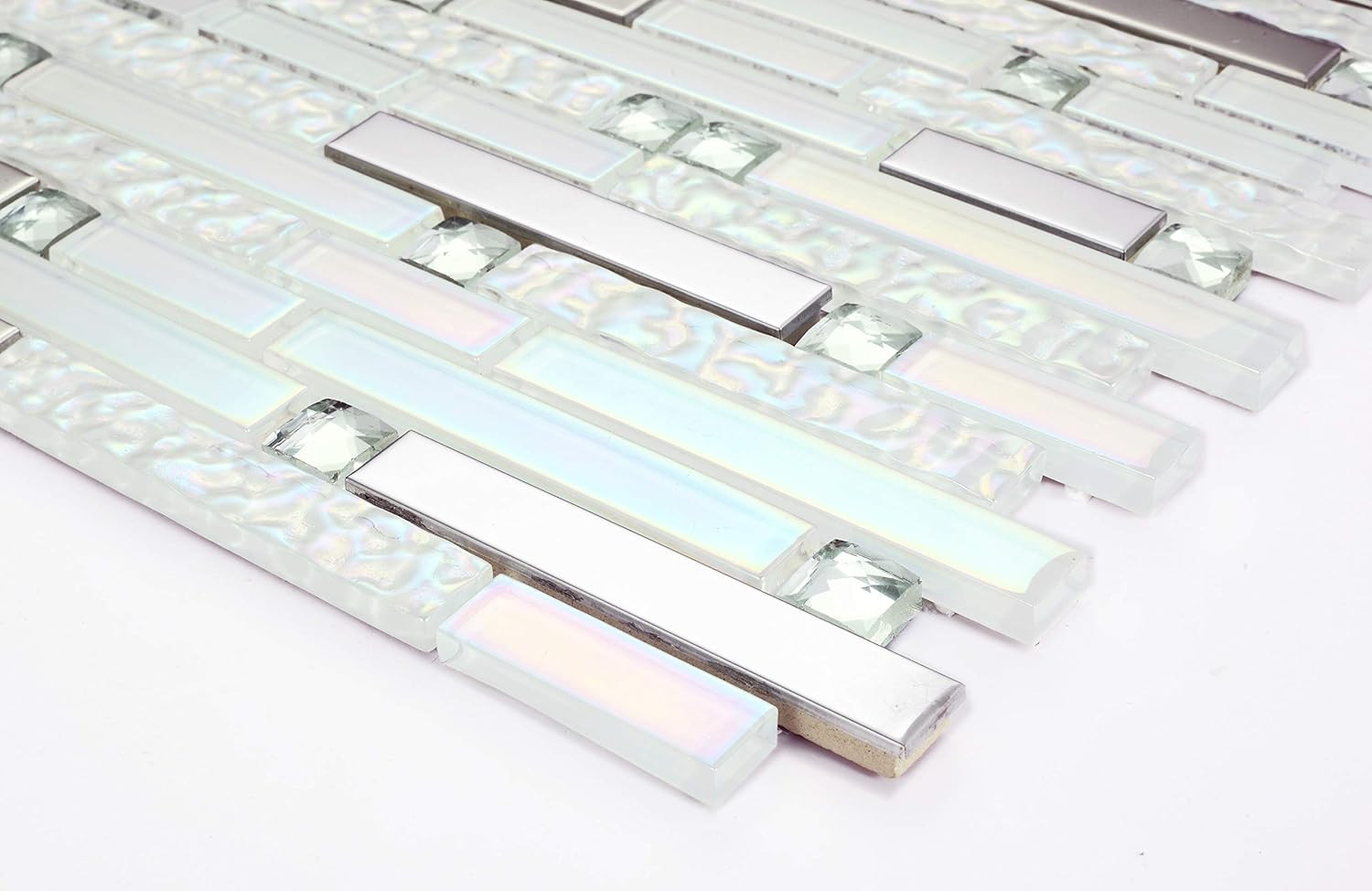 Glass Metal Tile Linear Mosaic Iridescent White Crystal Glass Chrome Metallic In