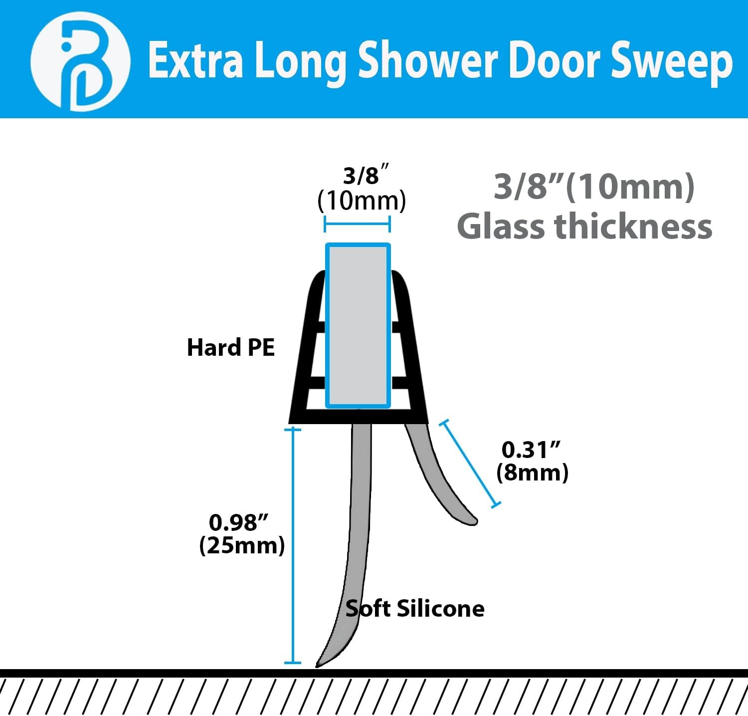 2-Pack Butecare Frameless Shower Door Bottom Ex sweep -3/8'', Clear