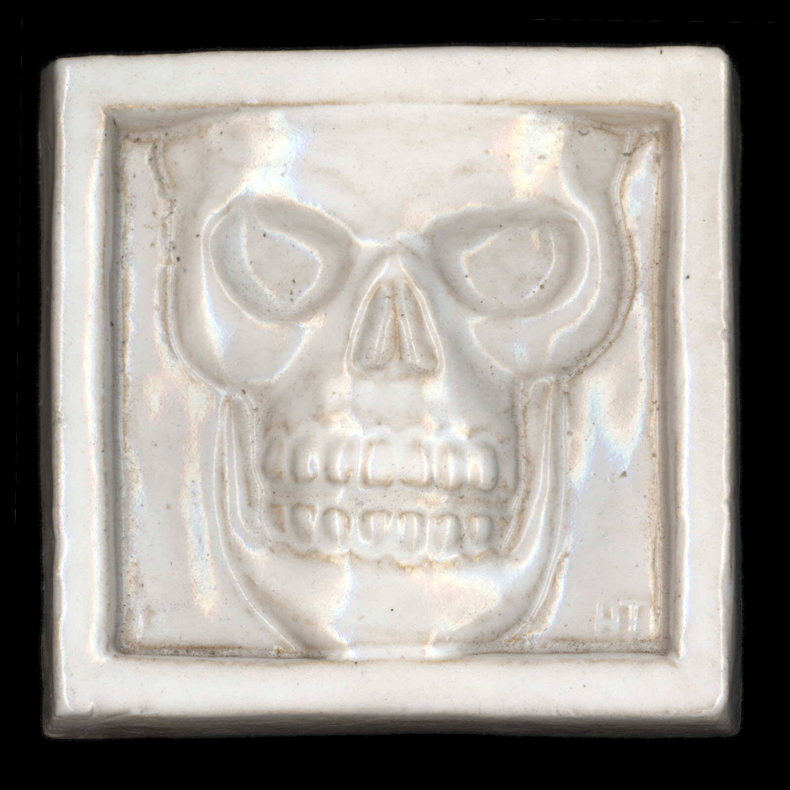 Bone White Skull. Hand Made Glazed Ceramic Tile. 4.5 x 4.5 inch. 1/2 inch thick.