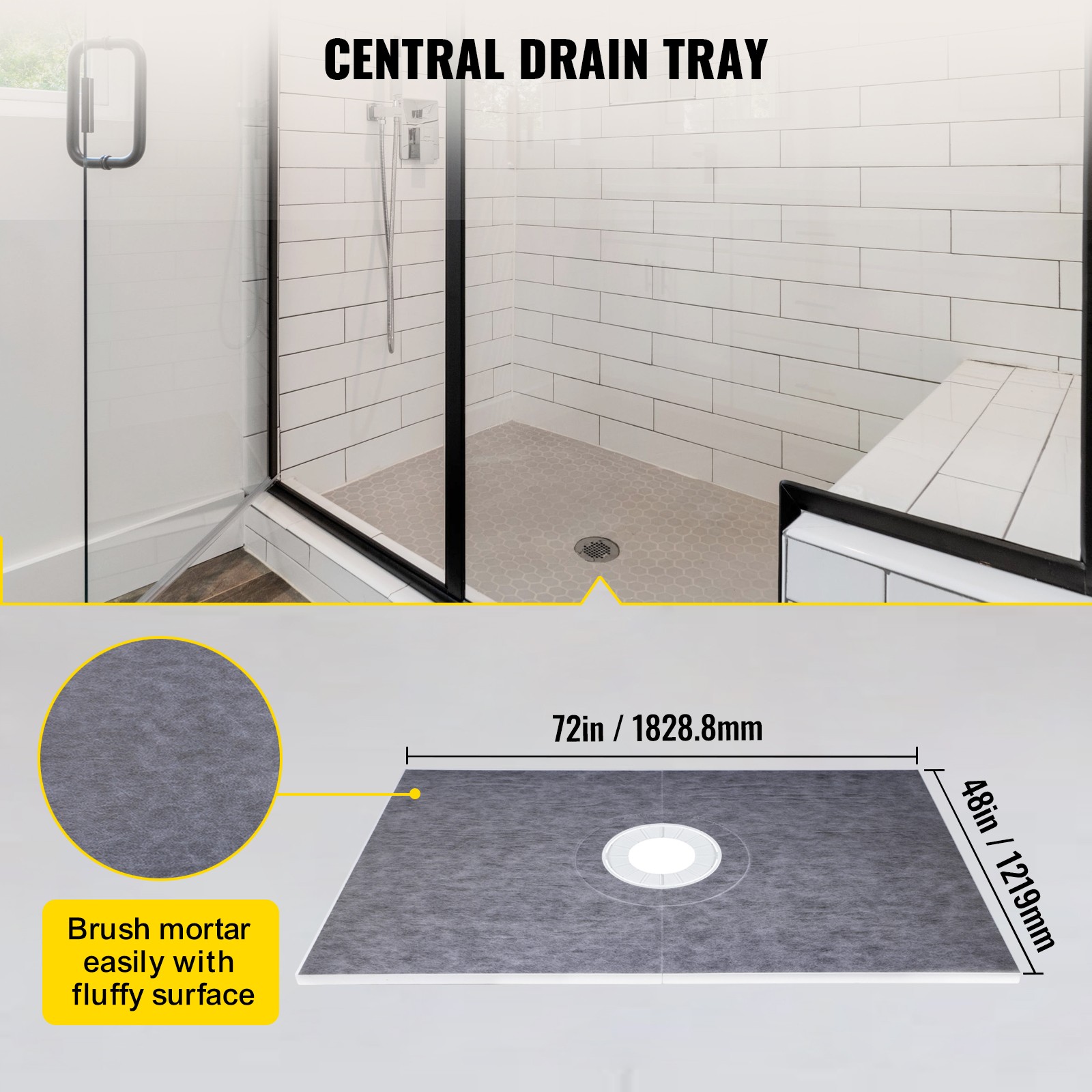 Uimoso Shower Curb Kit 48″x72″ with Central Drain ABS Waterproofing