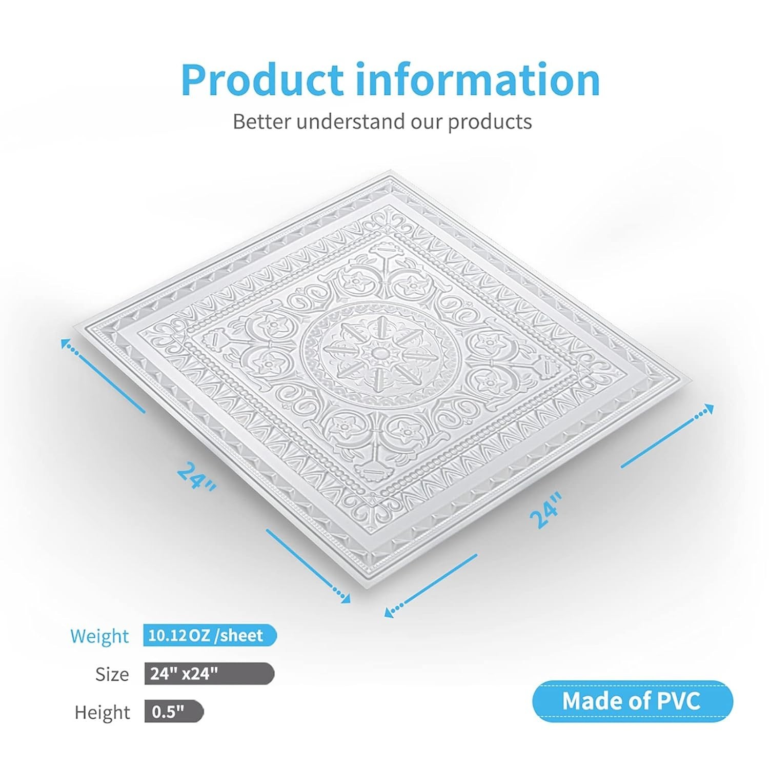 48 Sq Ft 24×24 White PVC Modern Floral Glue Up Ceiling Tiles, Water Resistant