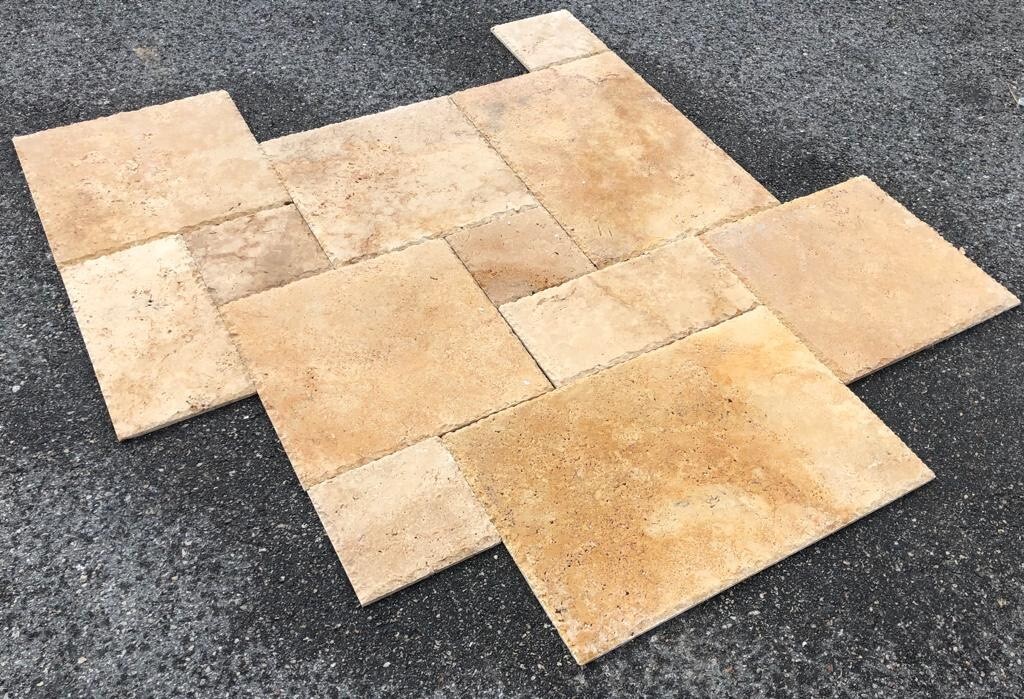 SUNSET IVORY TRAVERTINE FRENCH PATTERN TILES BRUSHED CHISELED EDGE