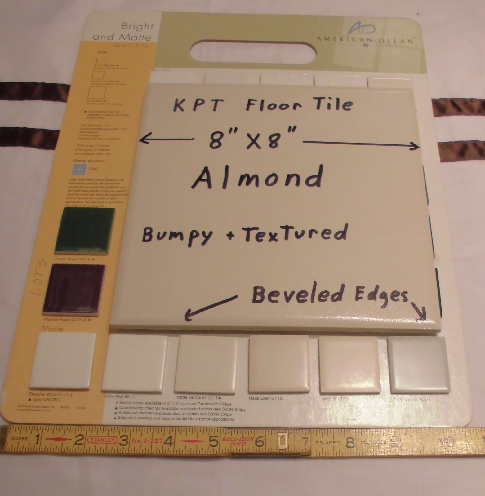 1 pc. *Almond* Ceramic / Porcelain Floor Tile Bumpy-Textured-Beveled by KPT Co.