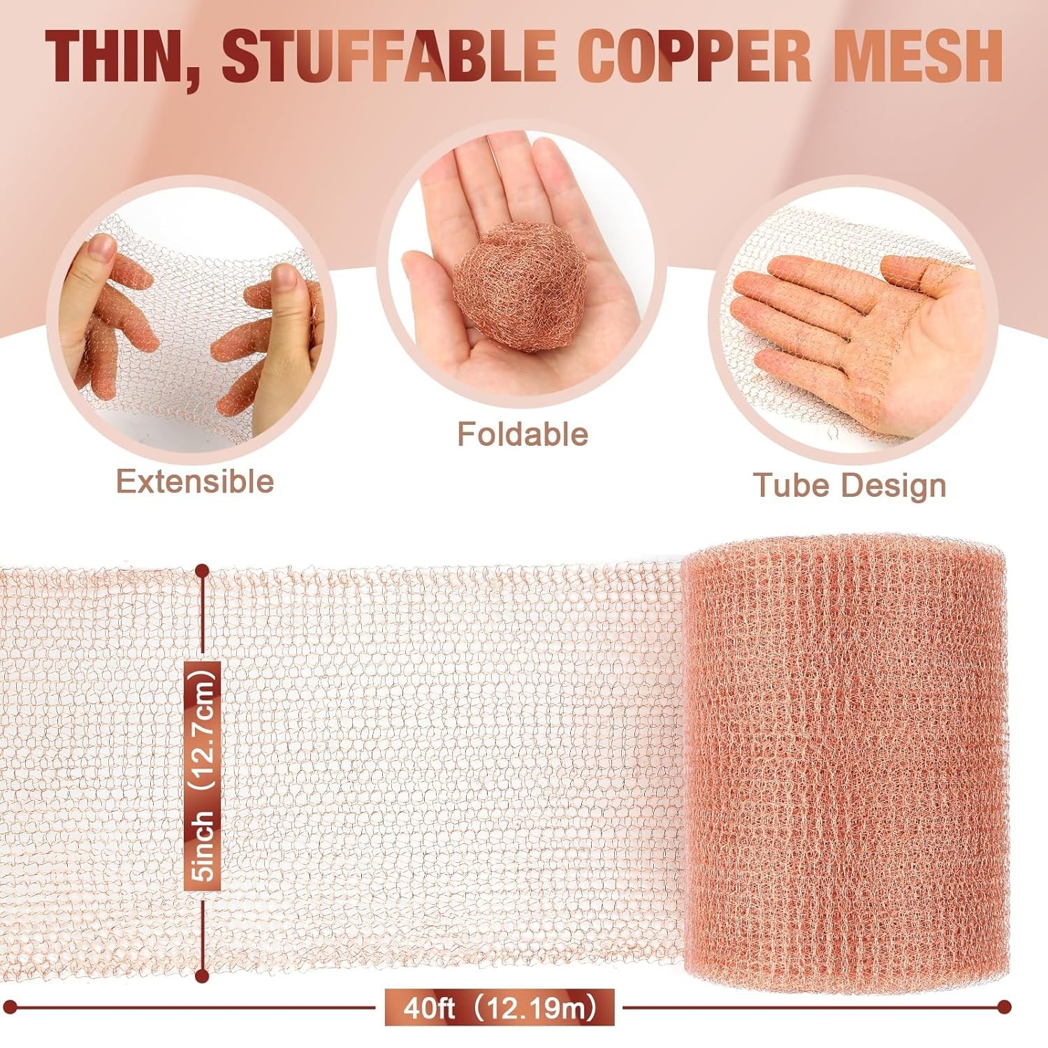 Copper Mesh Roll 5″ x40FT – 100% Pure – Rustproof Rodent, Copper Wool Garden …