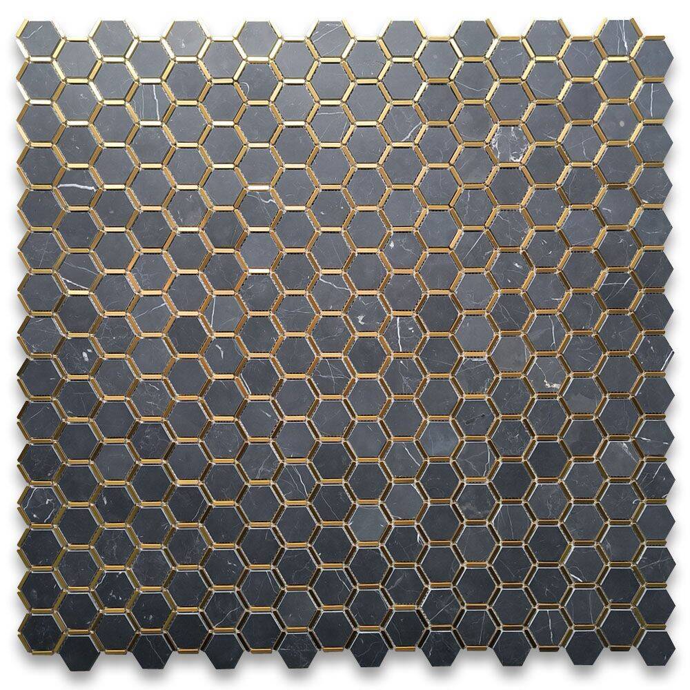 N328XH Nero Marquina Black Marble 2 inch Hexagon Mosaic Tile
