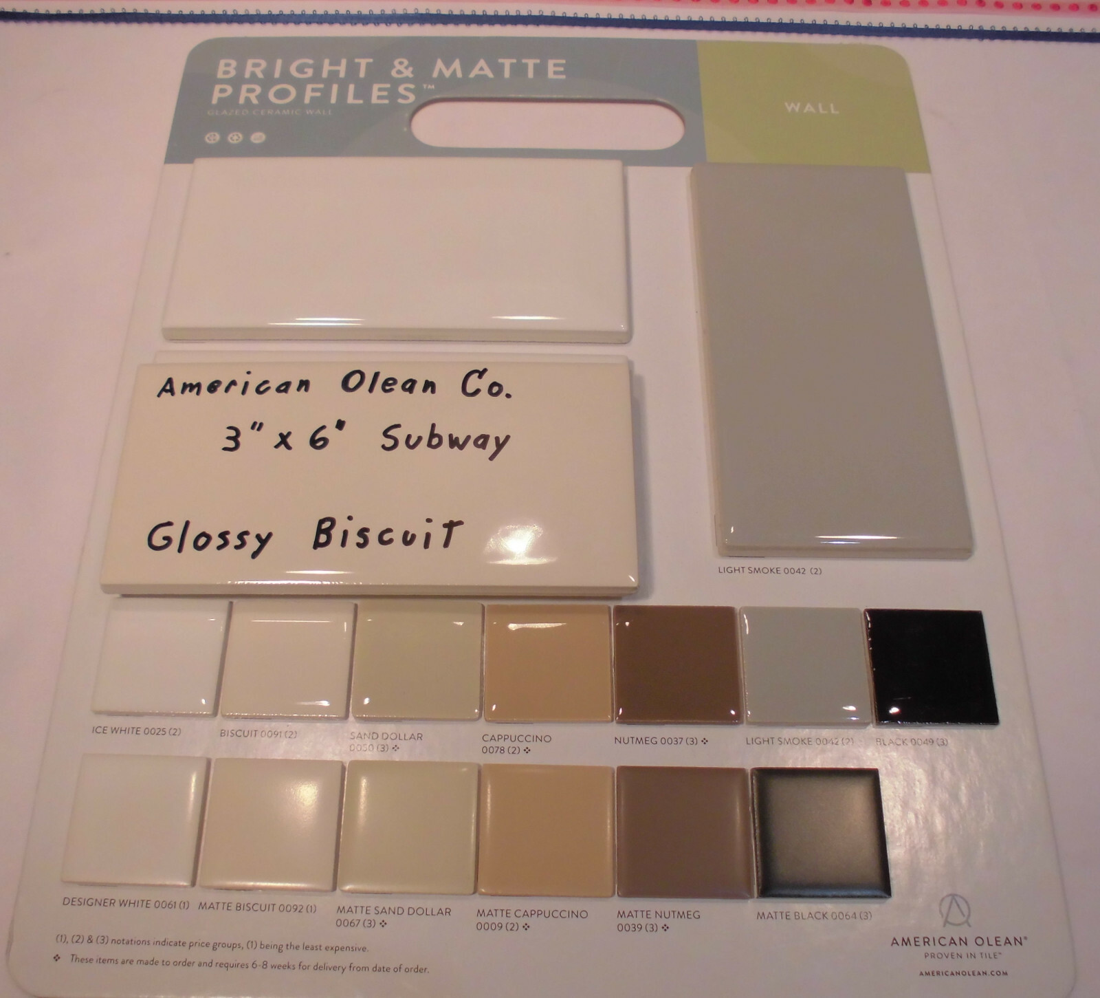 1 pc. *Glossy Biscuit* 3″ X 6″ Subway Ceramic Tiles; American Olean: New Stock