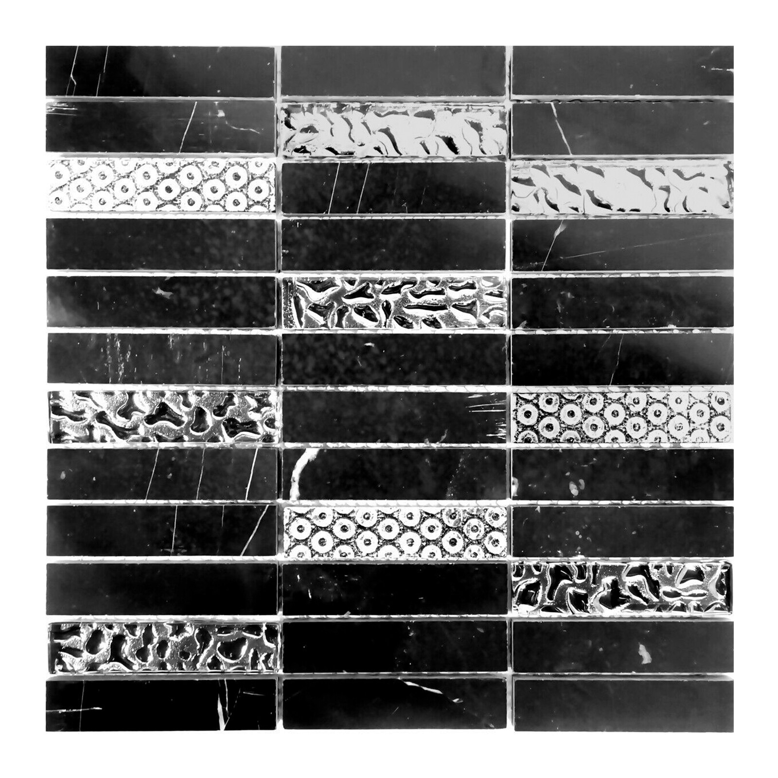 Black Marquina Marble Blended Metallic Silver Glass Mosaic Tile Wall Backsplash