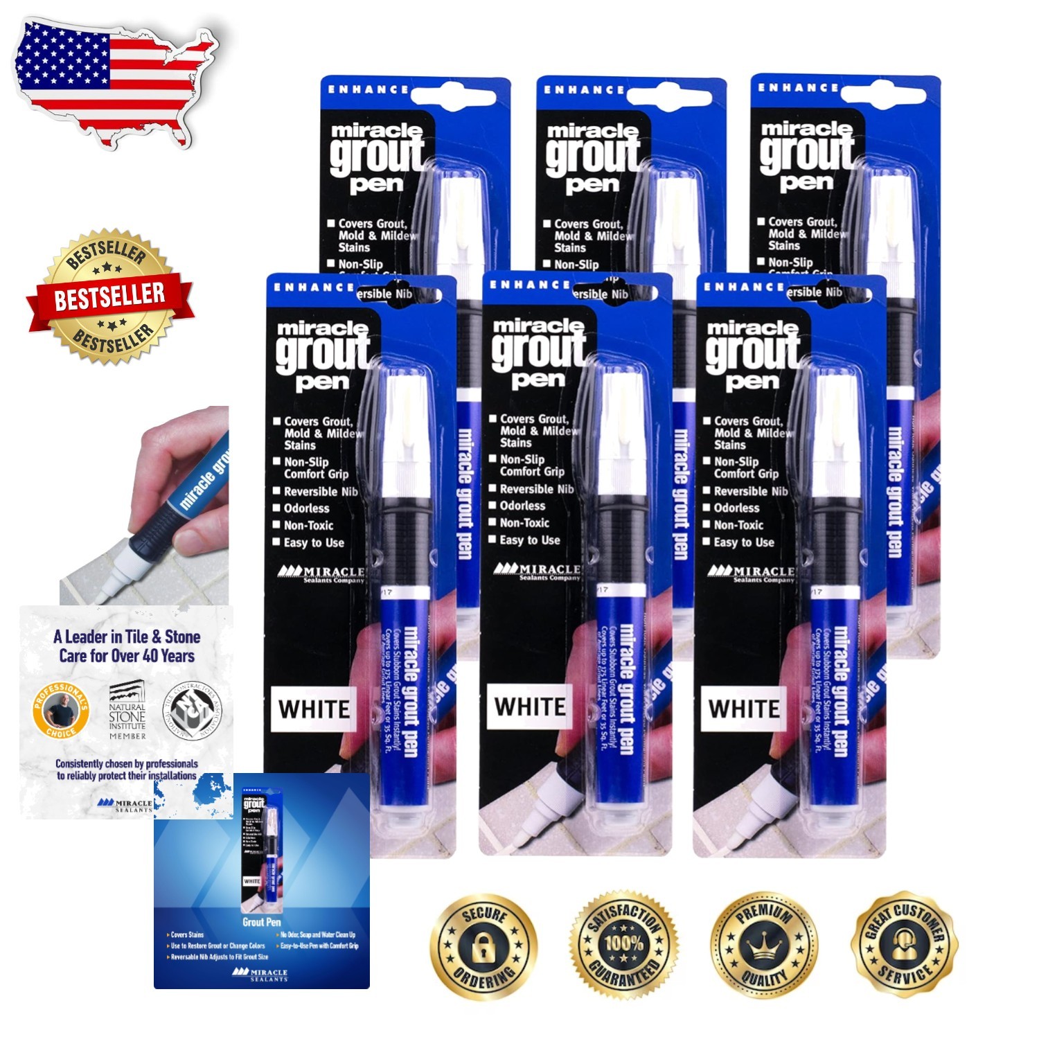 Elite Grout Pen 6pk White – Water Resistant, Bleach Free, Tile Refresh Tool