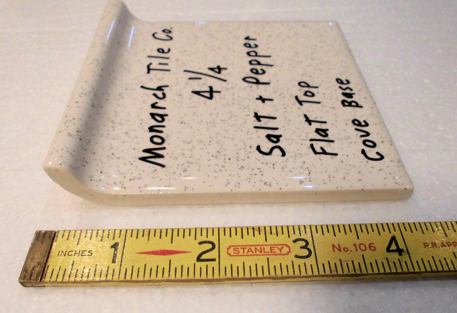 1 pc. Cove-Base Ceramic Tile *Salt & Pepper* 4-1/4″ Monarch Co. Flat top, Glossy