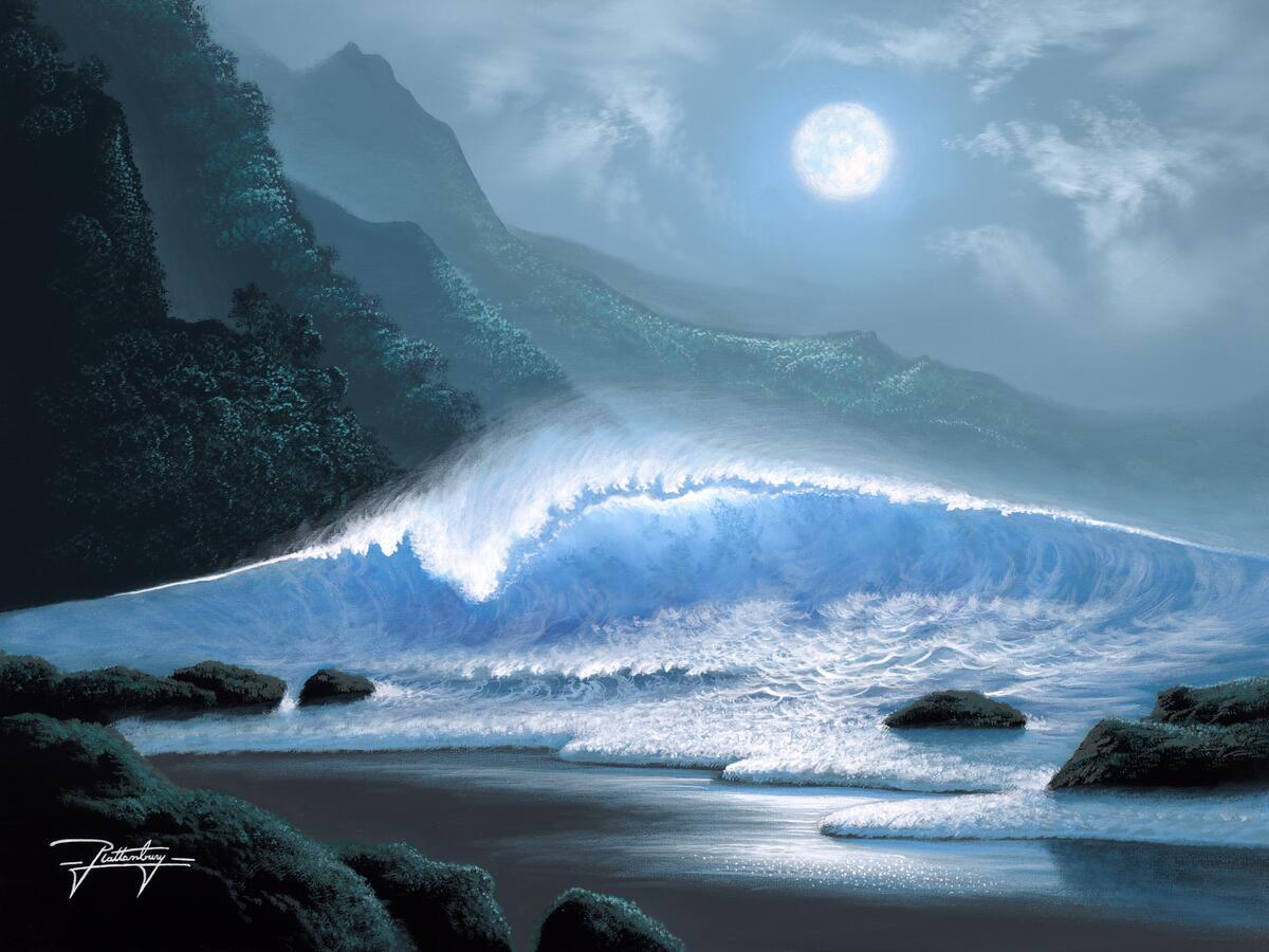 Ceramic Backsplash Tile Mural Beach Scene Seaside Ocean – Moonlight Blue