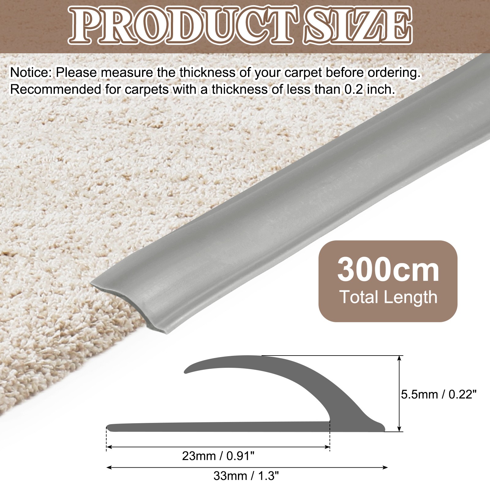 9.84Ft x 1.3″ x 0.22″ Self-Adhesive Carpet Edge Strip TPE Gap Cover Gray,