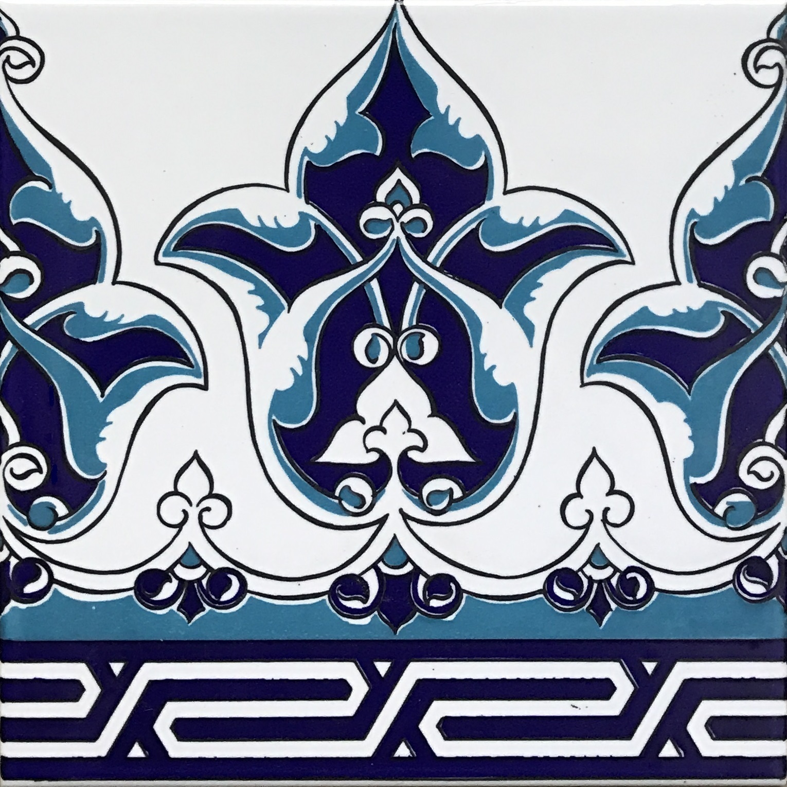 Set fo 10 Blue & White 8″x8″ Turkish Iznik Floral Pattern Ceramic Tile Border