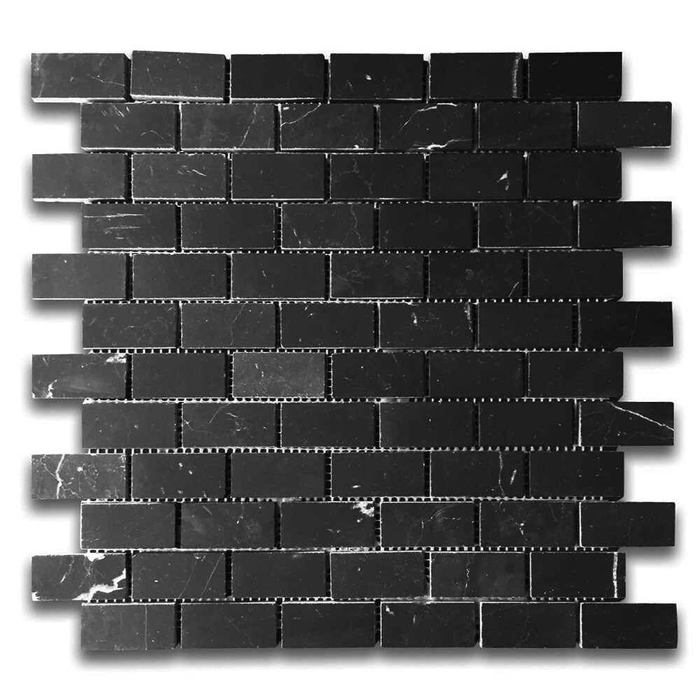 N63XH Nero Marquina Black Marble 1×2 Medium Brick Mosaic Tile Honed Matte