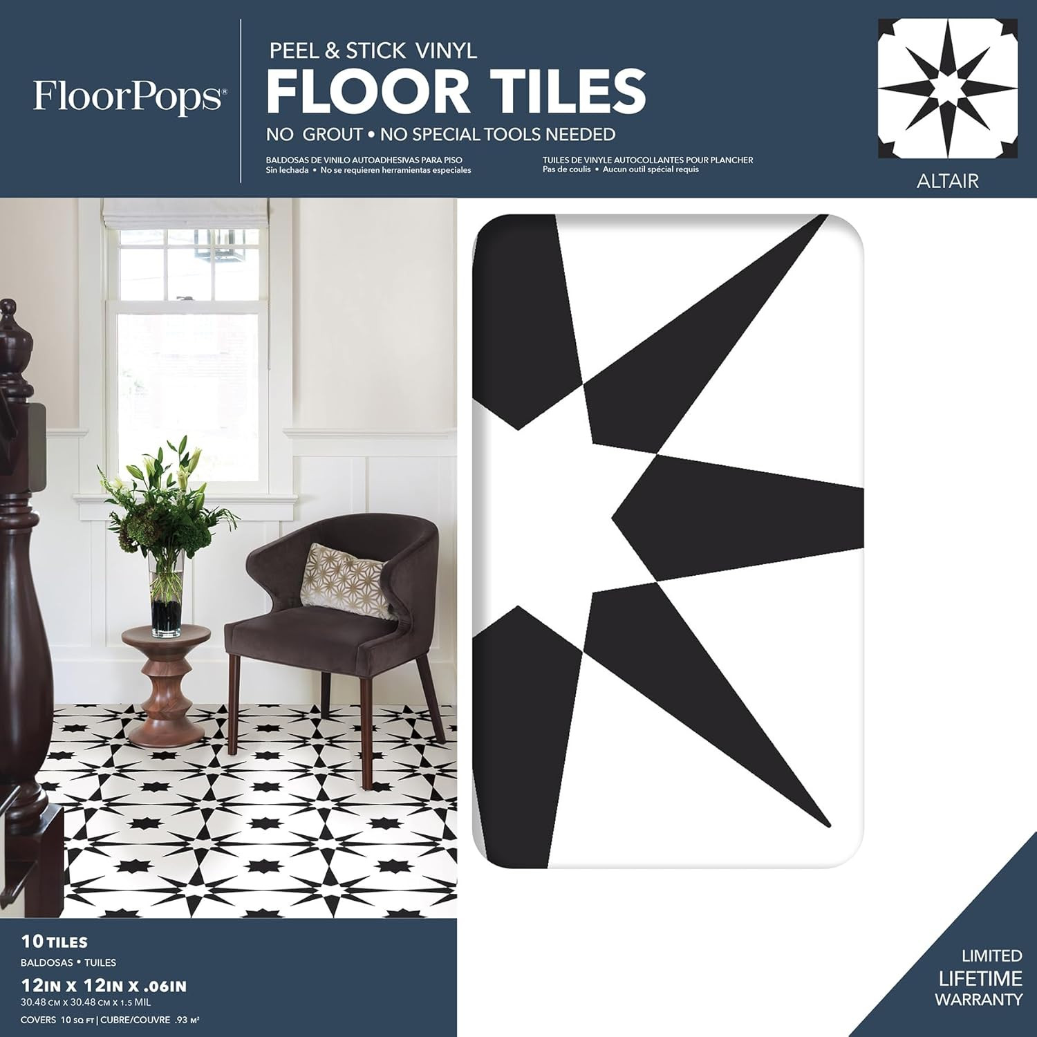 FP2948 Altair Peel & Stick Floor Tile, ?N? ???K, Black, 10 Square Fee